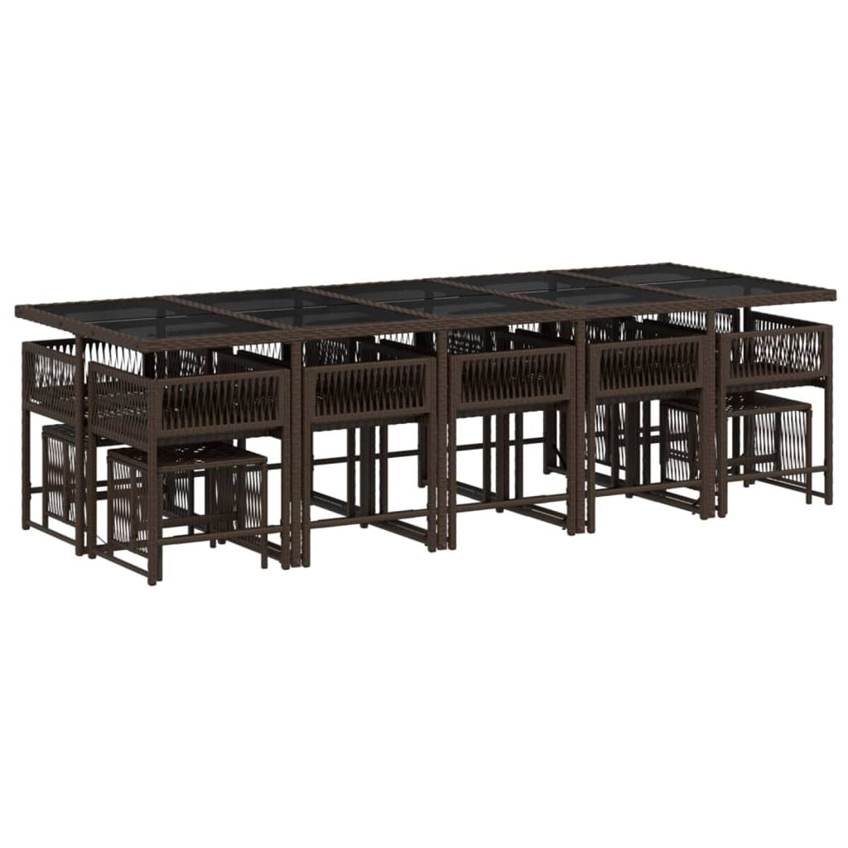 Set da pranzo per esterni con tavolo e più sedie. Tavolo con piano in vetro nero e struttura intrecciata. Colore marrone.