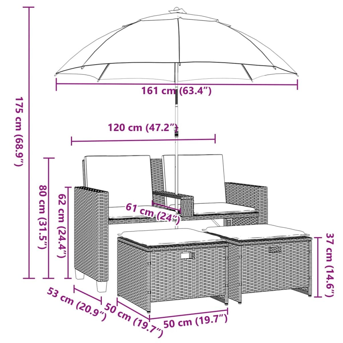 Set da patio per esterni con divano, due sedie, un tavolo e un ombrellone, dimensioni in cm.