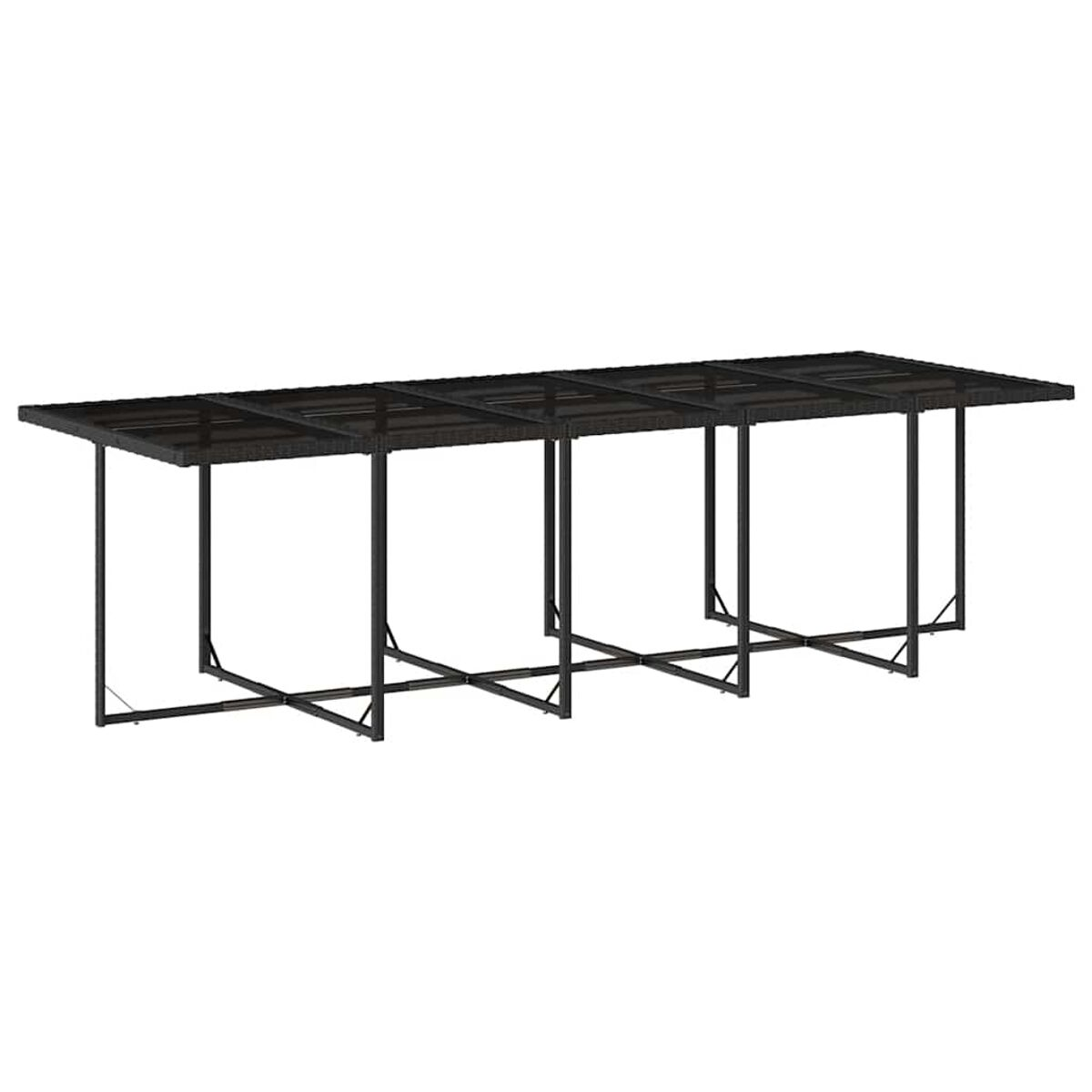 Un tavolo da pranzo nero per esterni con piano e base neri, isolato su bianco.