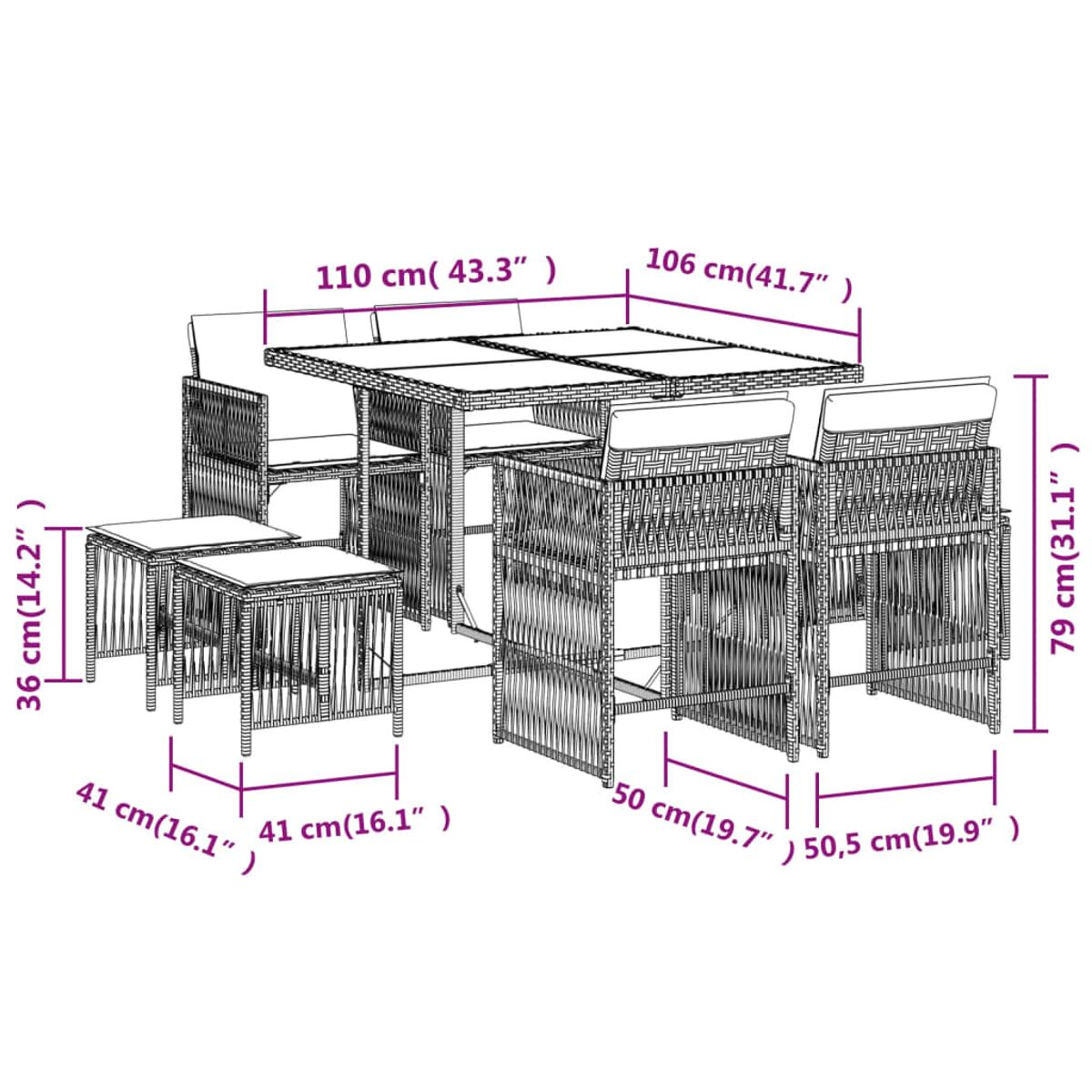Un set da pranzo all'aperto con tavolo e sedie, con dimensioni, isolato.