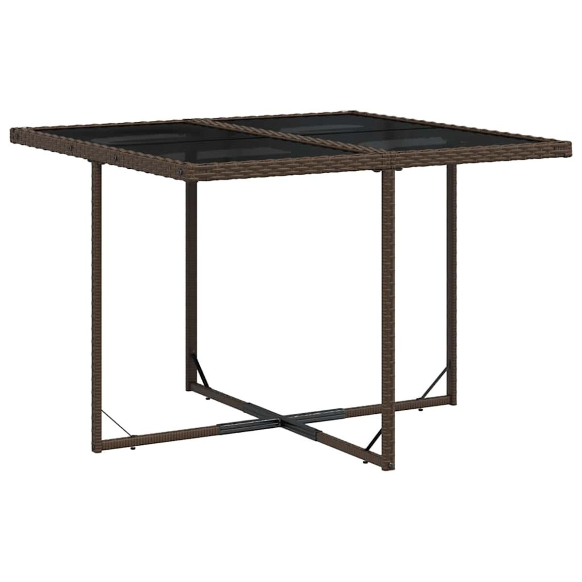 Ein quadratischer Outdoor-Tisch mit dunkler Glasplatte und braunem Webrahmen.