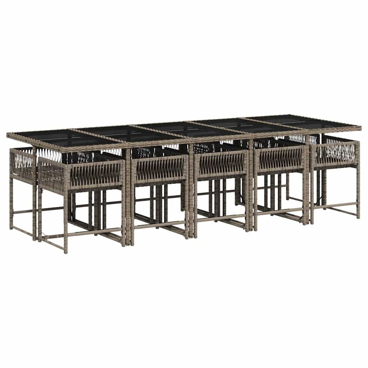 Lange Wicker-Essgruppe für draußen mit schwarzen Tischplatten. Stühle sind enthalten. Das Set hat ein gewebtes Muster.