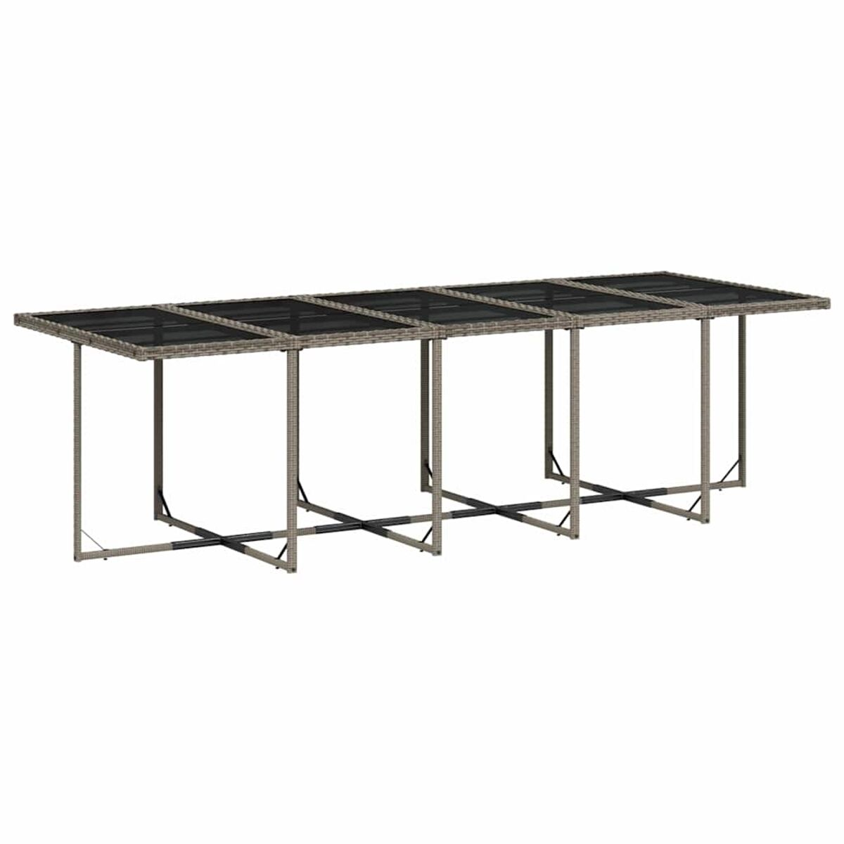 Tavolo da esterno rettangolare lungo con gambe in rattan grigio e piano nero.