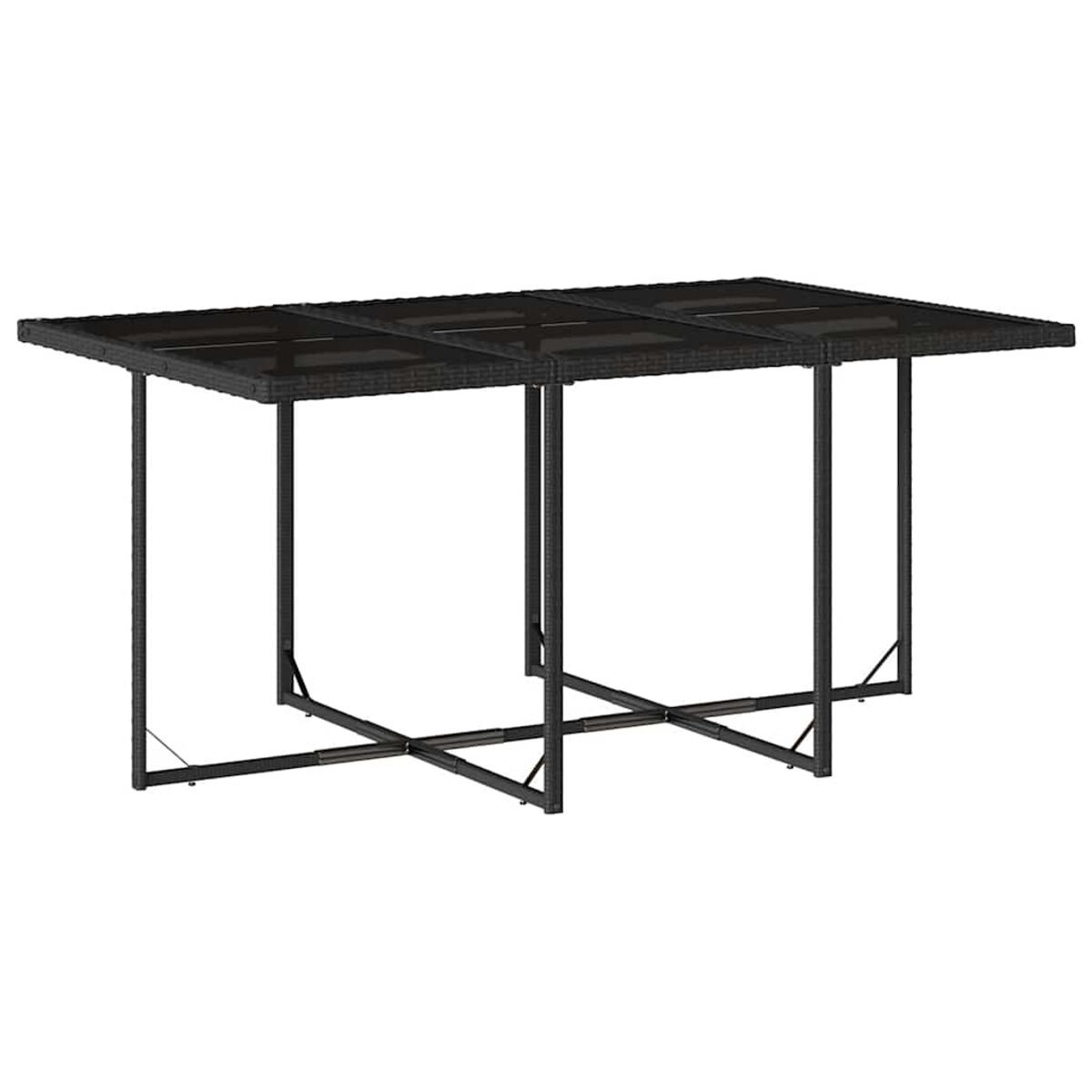 Tavolo da pranzo nero per esterni con un design minimalista. Gambe nere e piano in vetro nero.