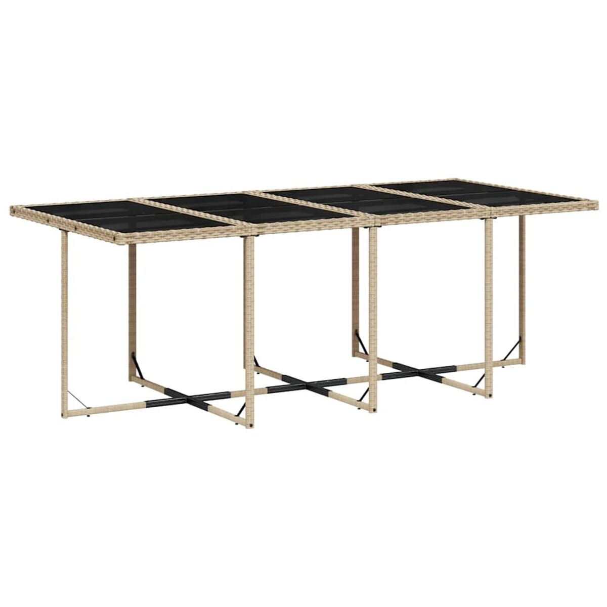 Tavolo da esterno con piano nero e gambe in rattan. Il tavolo è vuoto.
