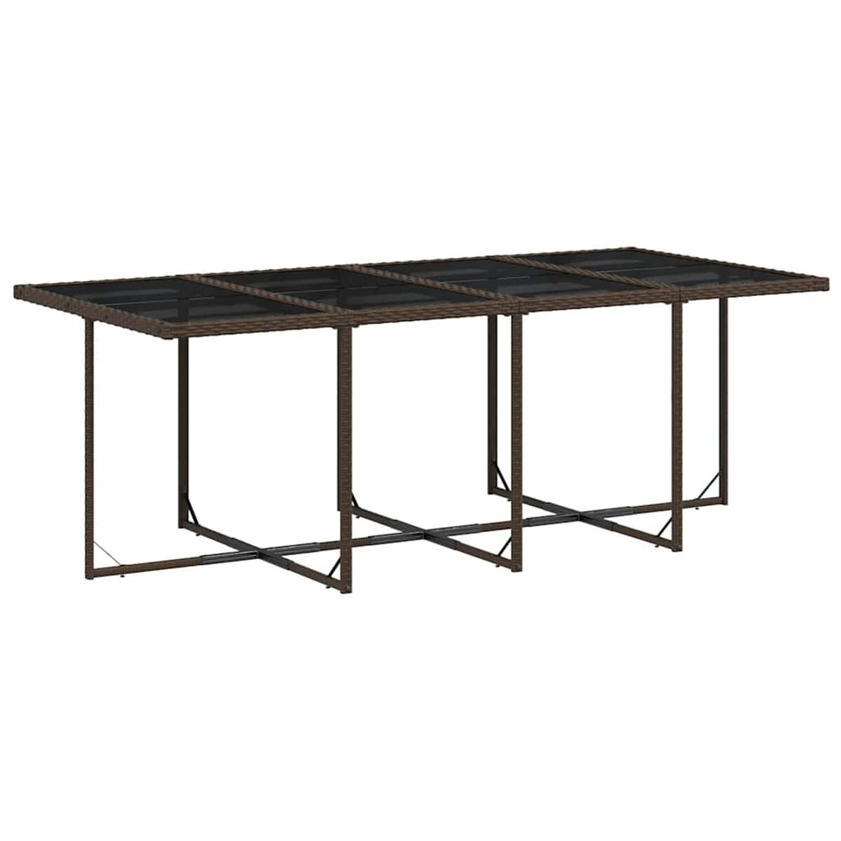 Tavolo da pranzo lungo per esterni, con piano in vetro nero. Struttura marrone, su un patio.