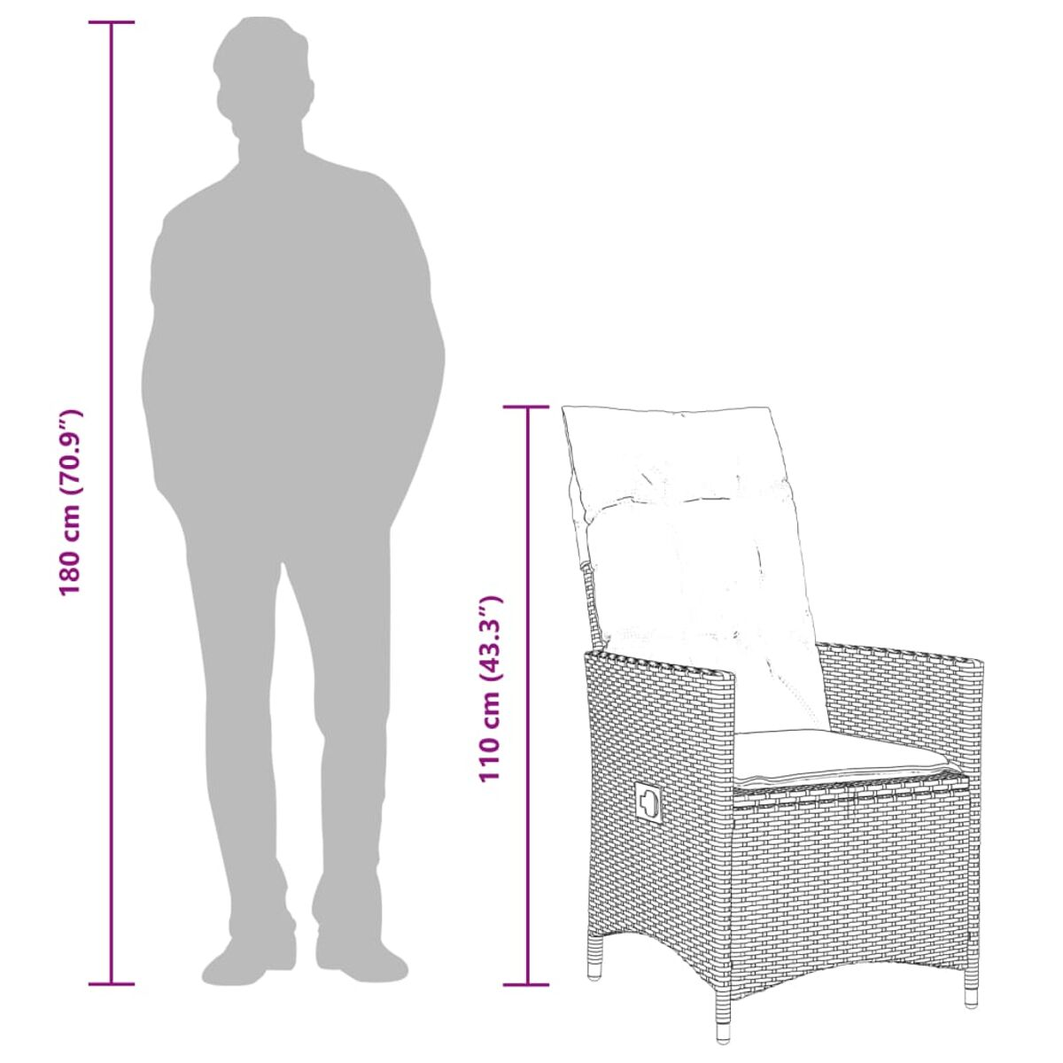 Eine Person neben einem Korbstuhl. Der Stuhl ist hoch und aus Korbgeflecht. Die Größe der Person ist angegeben.