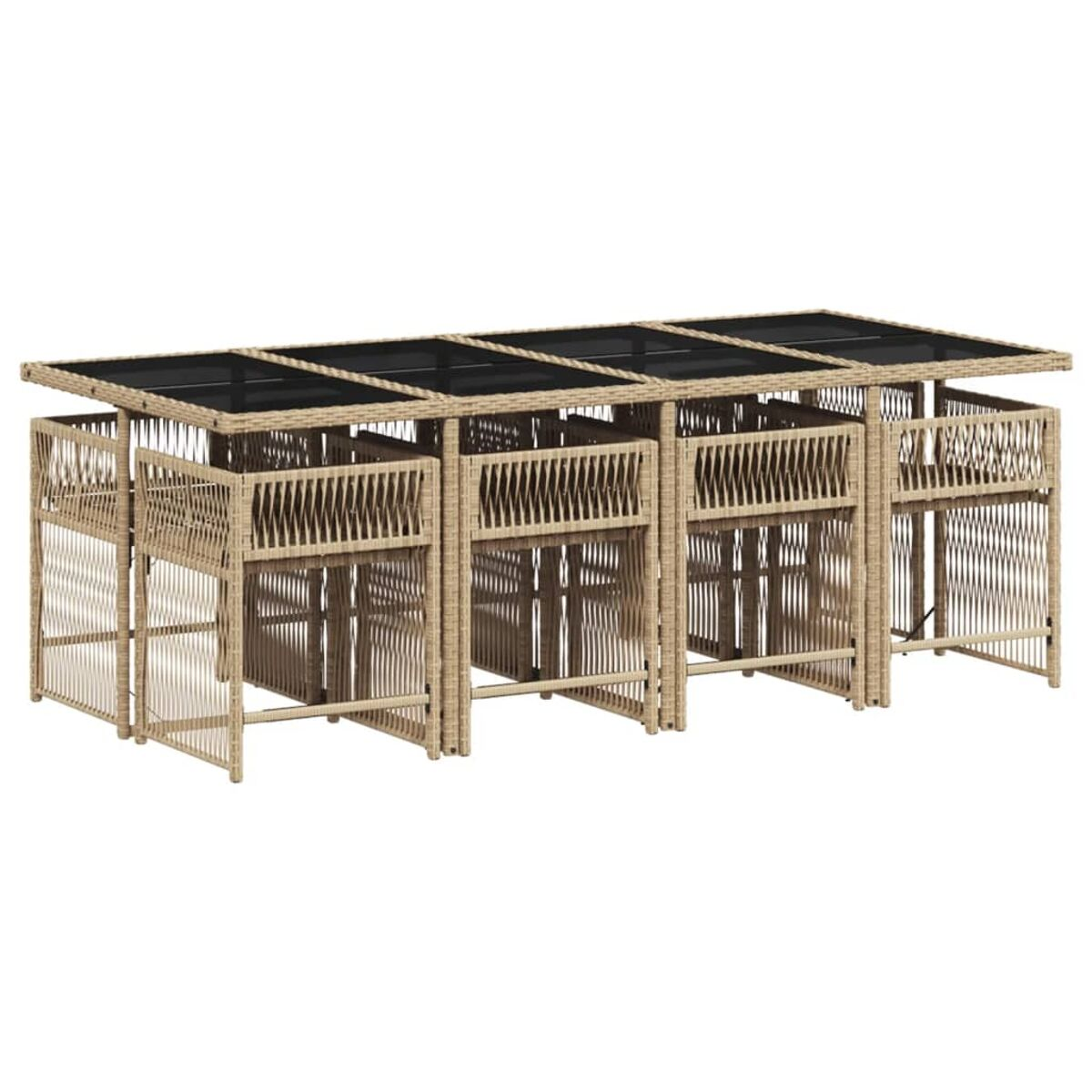 Set da pranzo in rattan per esterni con tavolo e sedie.