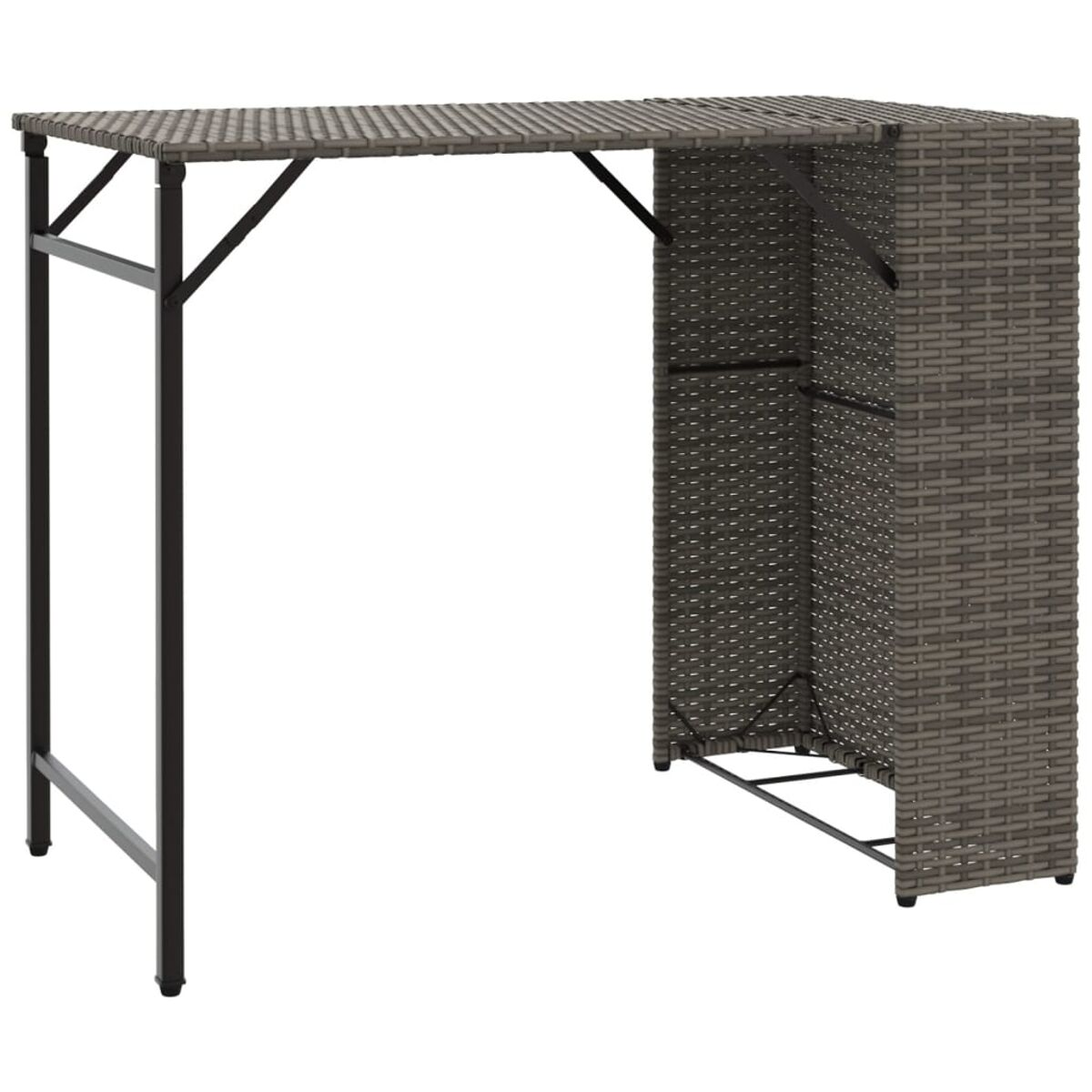 Tavolo da bar in rattan, colore grigio, con struttura in metallo, isolato su bianco.
