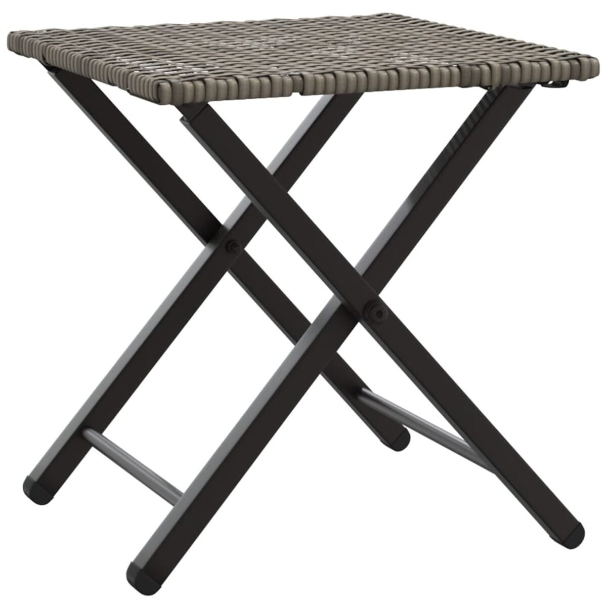 Tavolo quadrato pieghevole con struttura in metallo scuro e piano grigio intrecciato.