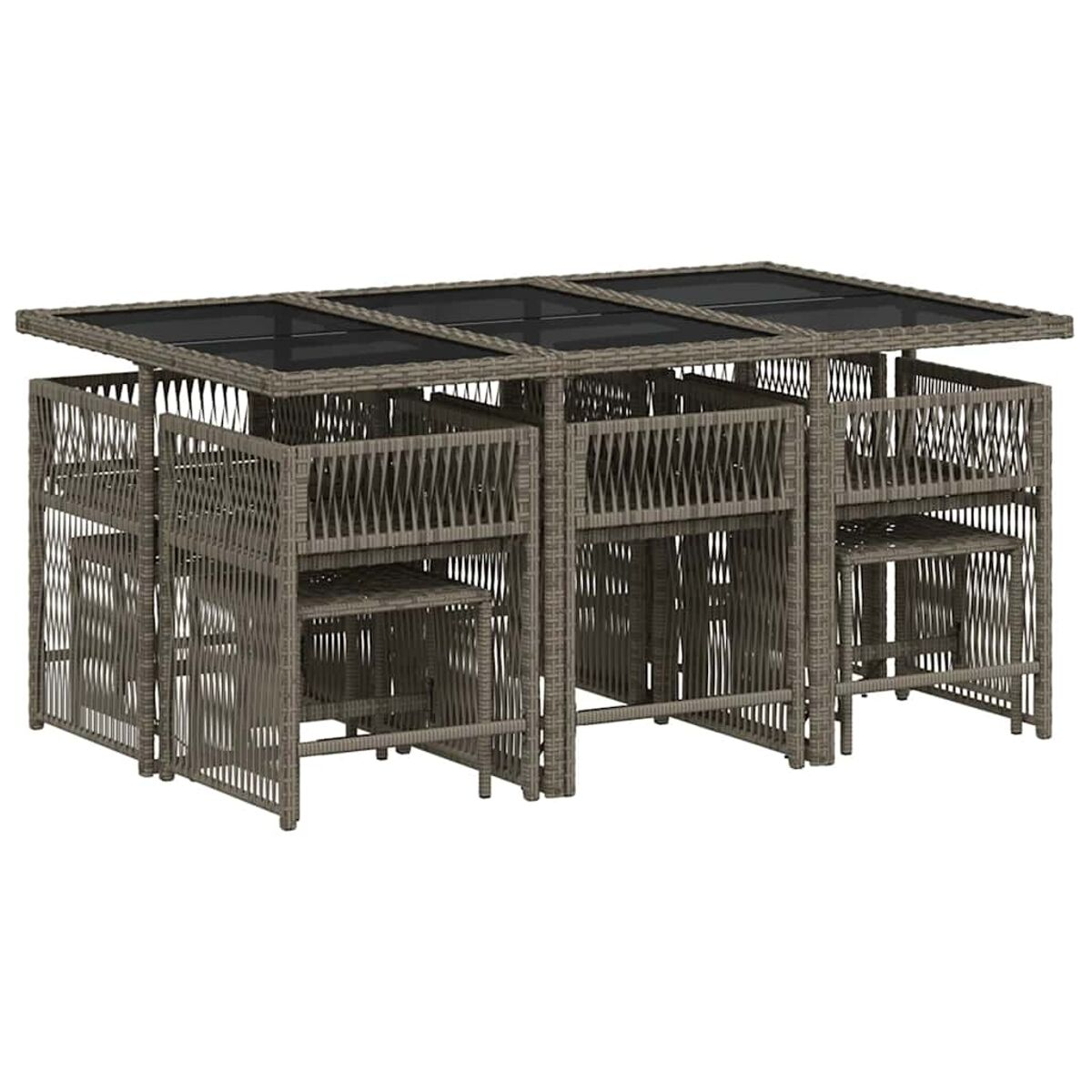 Set da pranzo all'aperto con un tavolo e sei sedie. Telai grigi intrecciati e un piano in vetro scuro.