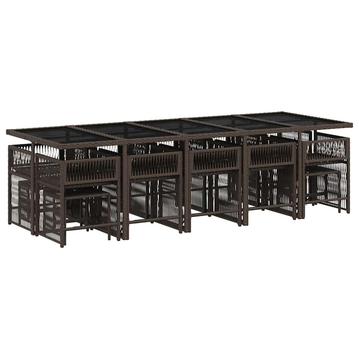 Set tavolo lungo marrone. Sedie con schienali. Telaio marrone, piano in vetro.