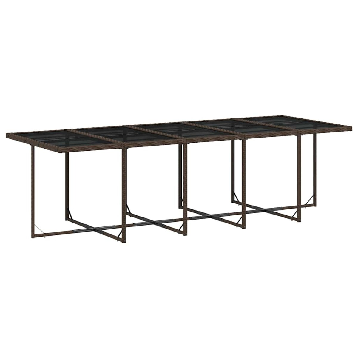 Una pergola marrone in stile rattan con tetto trasparente. Anche la struttura di supporto è marrone.