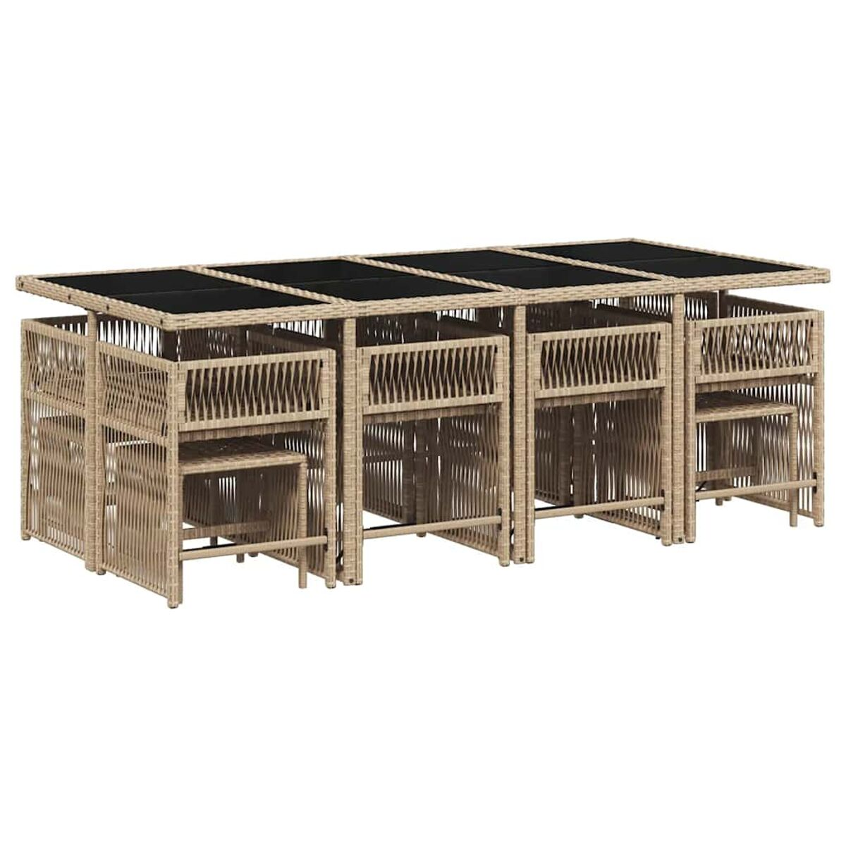 Tavoli multipli con piani in vetro scuro e basi intrecciate.