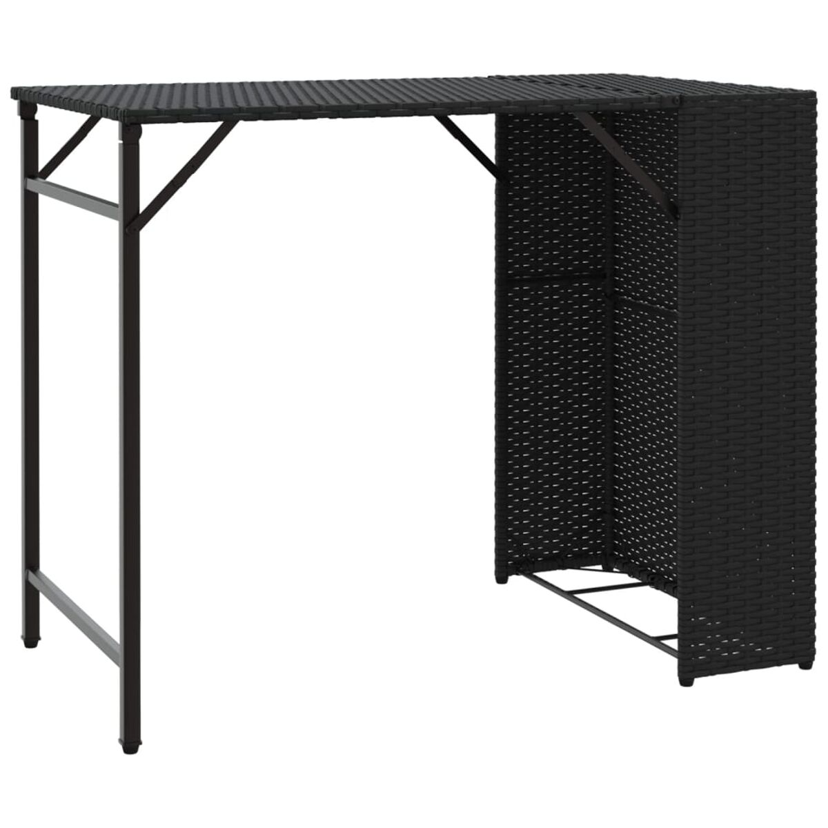 Schwarzer Outdoor-Bartisch mit schwarzem Rahmen und schwarzer Oberfläche. Rattan-Material.