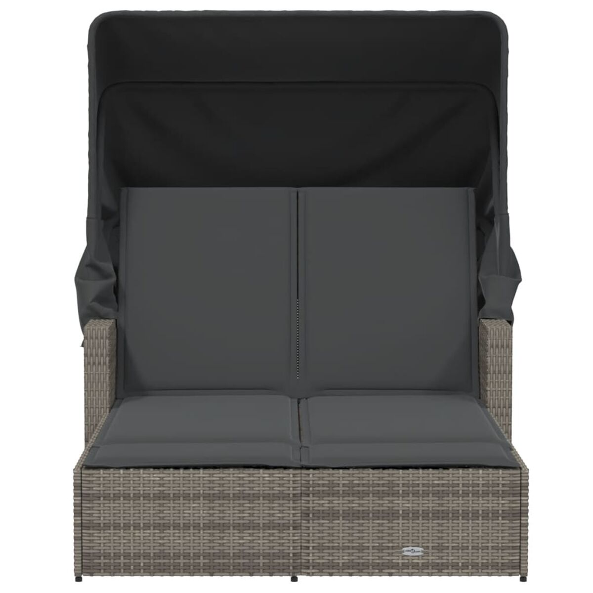 Graues Korbliegenbett mit Baldachin. Es hat zwei graue Kissen. Das Bett steht vor weißem Hintergrund.