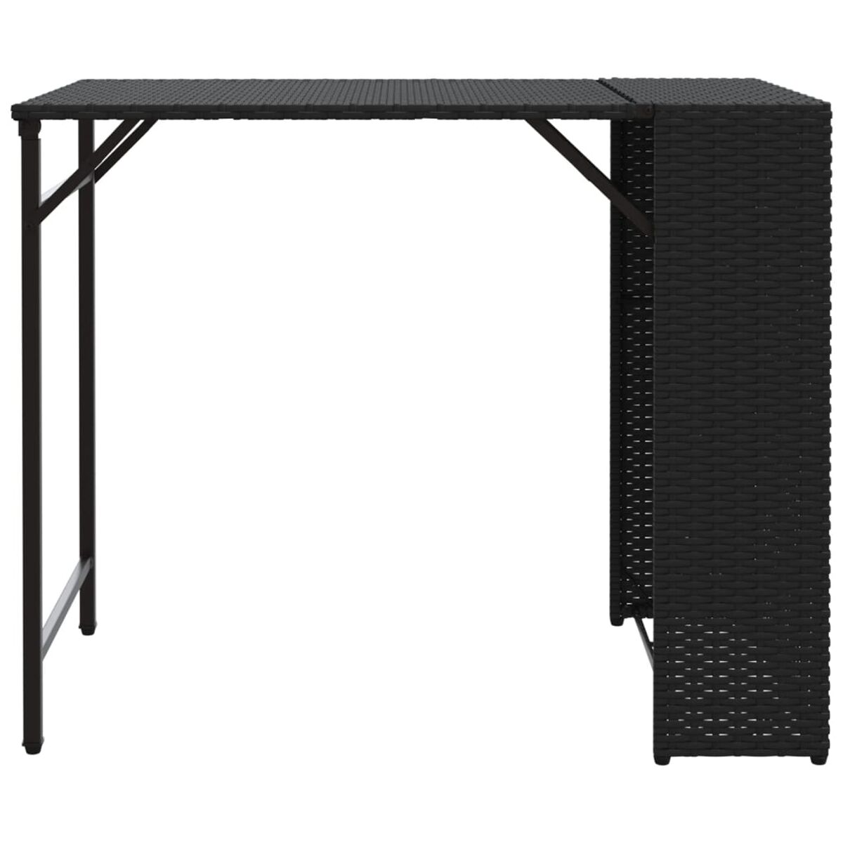 Ein schwarzer Korbtisch. Er hat eine schwarze Oberfläche und ein einzelnes Stützbein. Weißer Hintergrund.