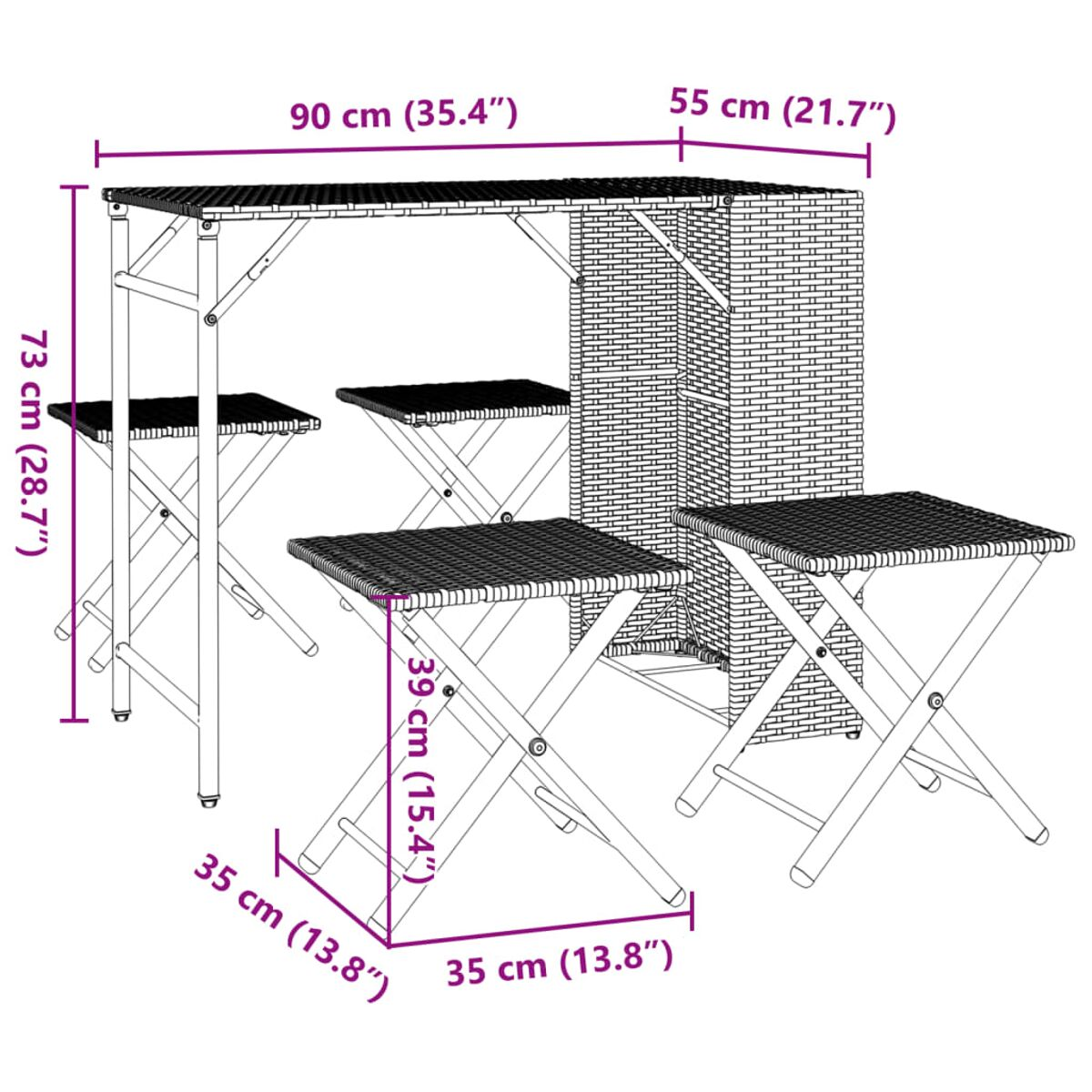 Outdoor-Bar-Set mit Tisch und Hockern, zeigt Abmessungen und Maße.