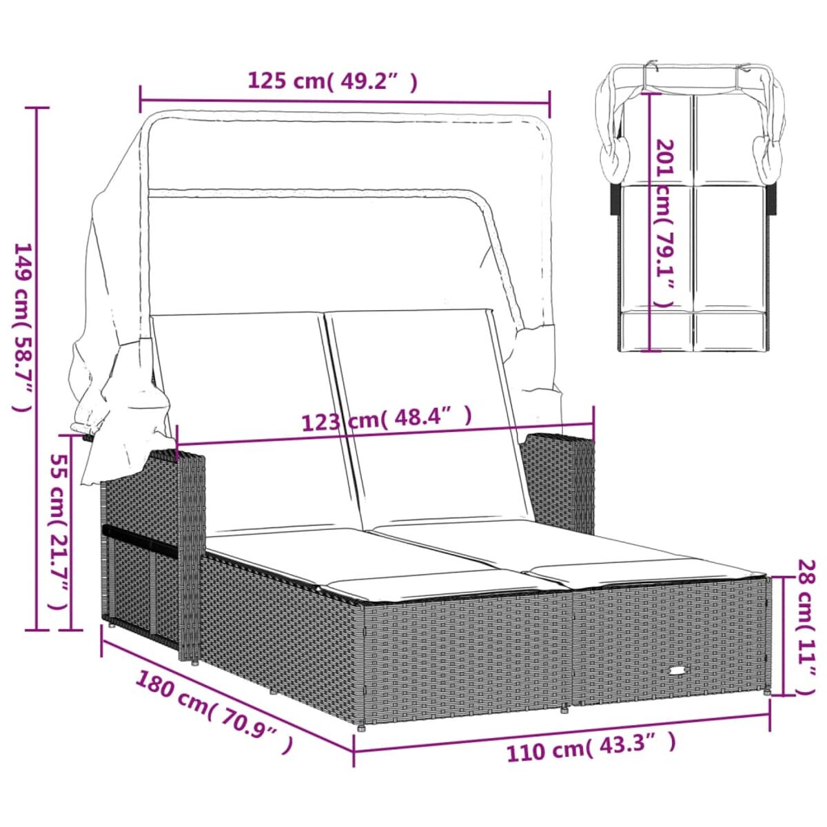 Outdoor-Tagesbett aus Korbgeflecht mit Baldachin und Maßangaben.