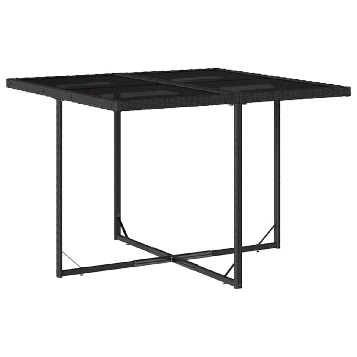 Tavolo quadrato nero da esterno con piano in vetro e gambe nere, sfondo bianco.