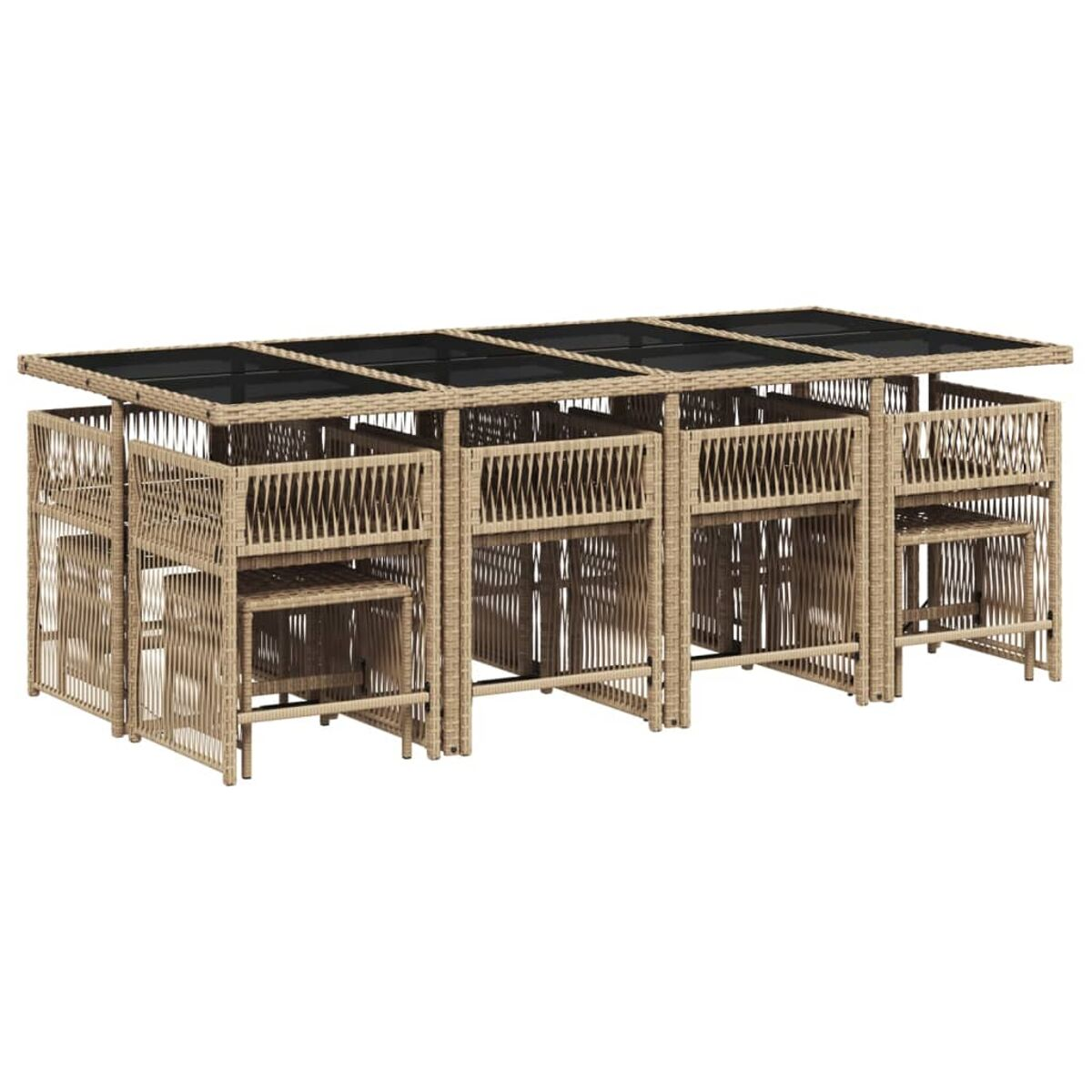 Set da pranzo per esterni con tavolo e più sedie. Tavolo con piano in vetro nero e struttura intrecciata. Colore beige.