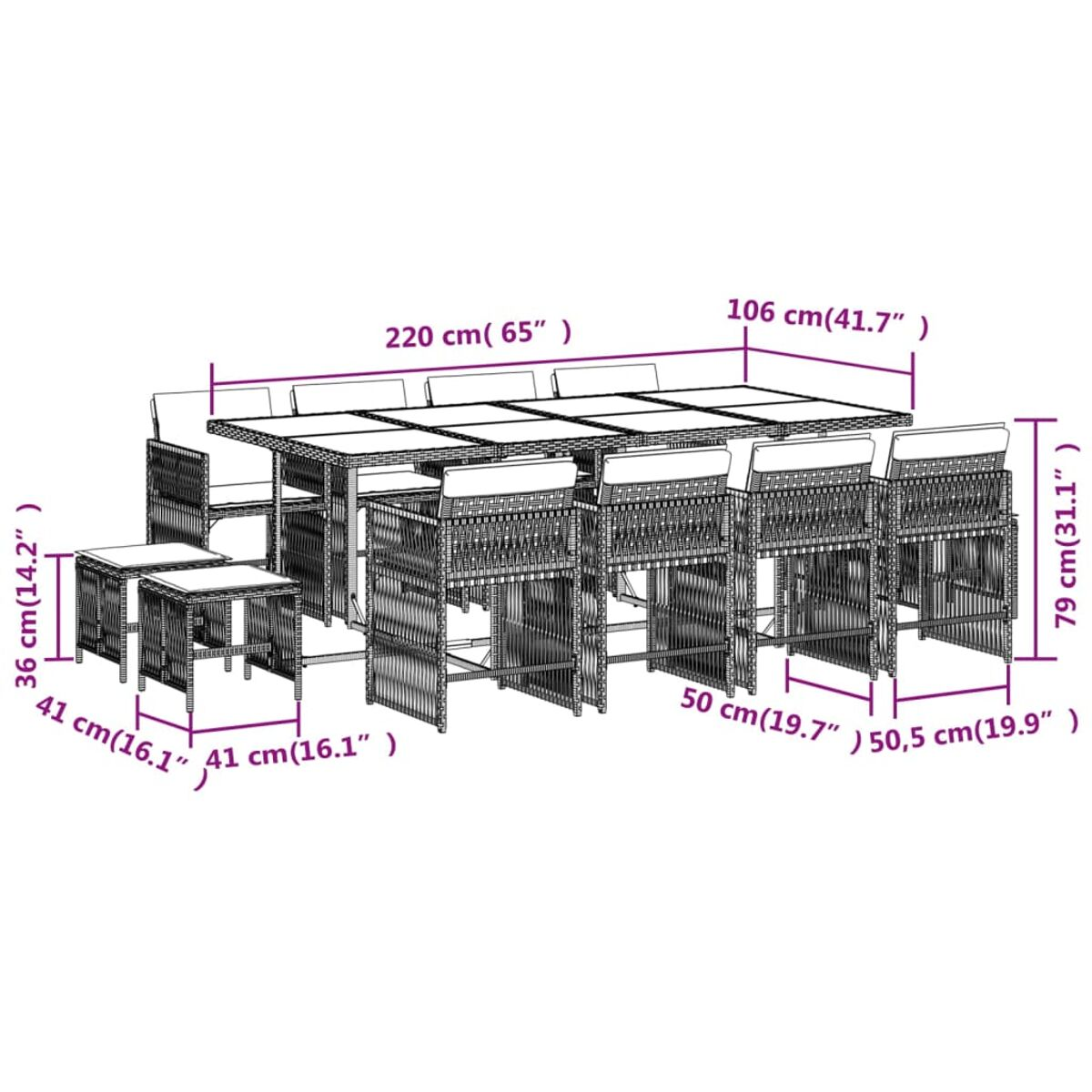 Diagramma di un set da pranzo all'aperto con dimensioni in centimetri. Sono mostrati un tavolo, sedie e sgabelli.