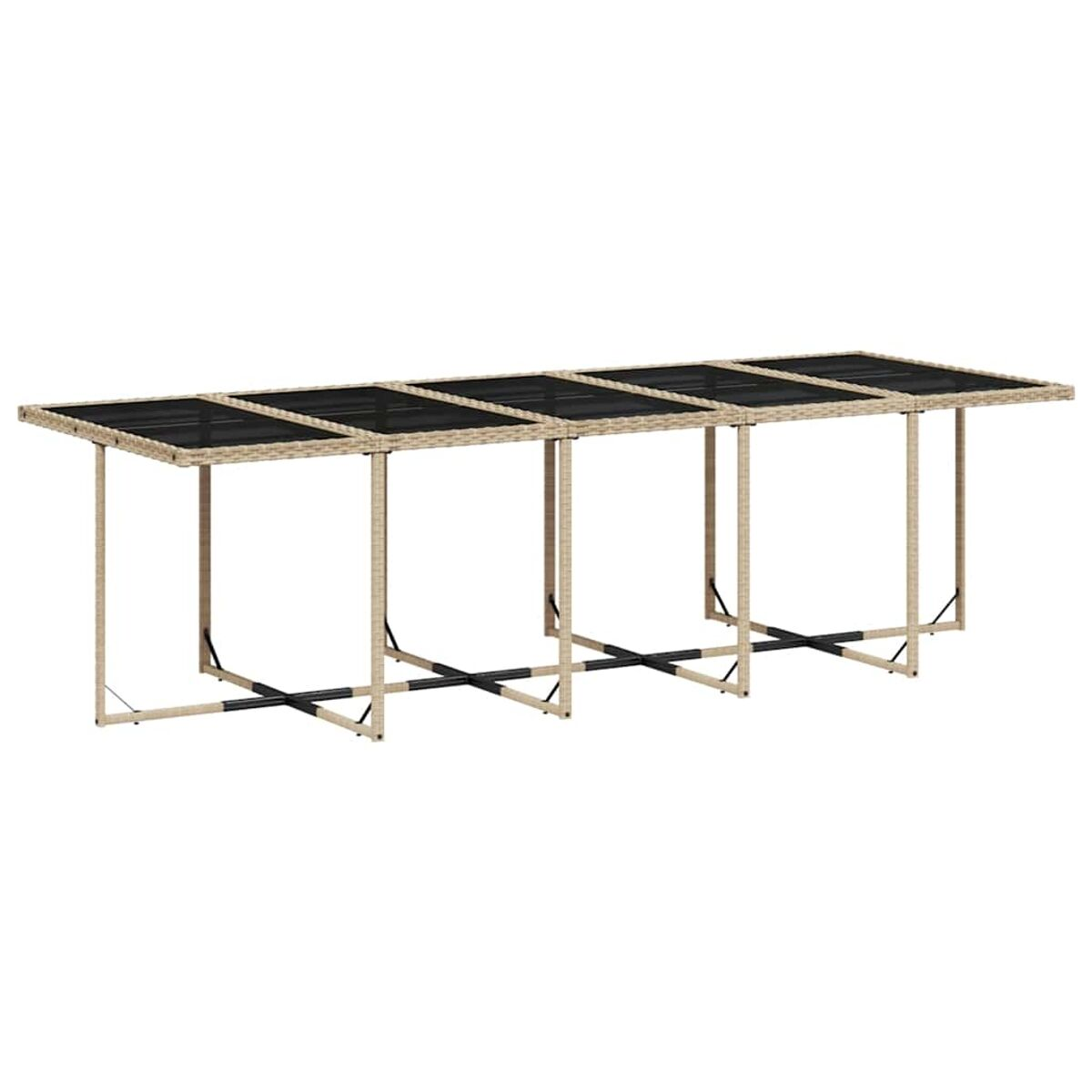Tavolo lungo da esterno con piano nero e gambe beige su un patio.