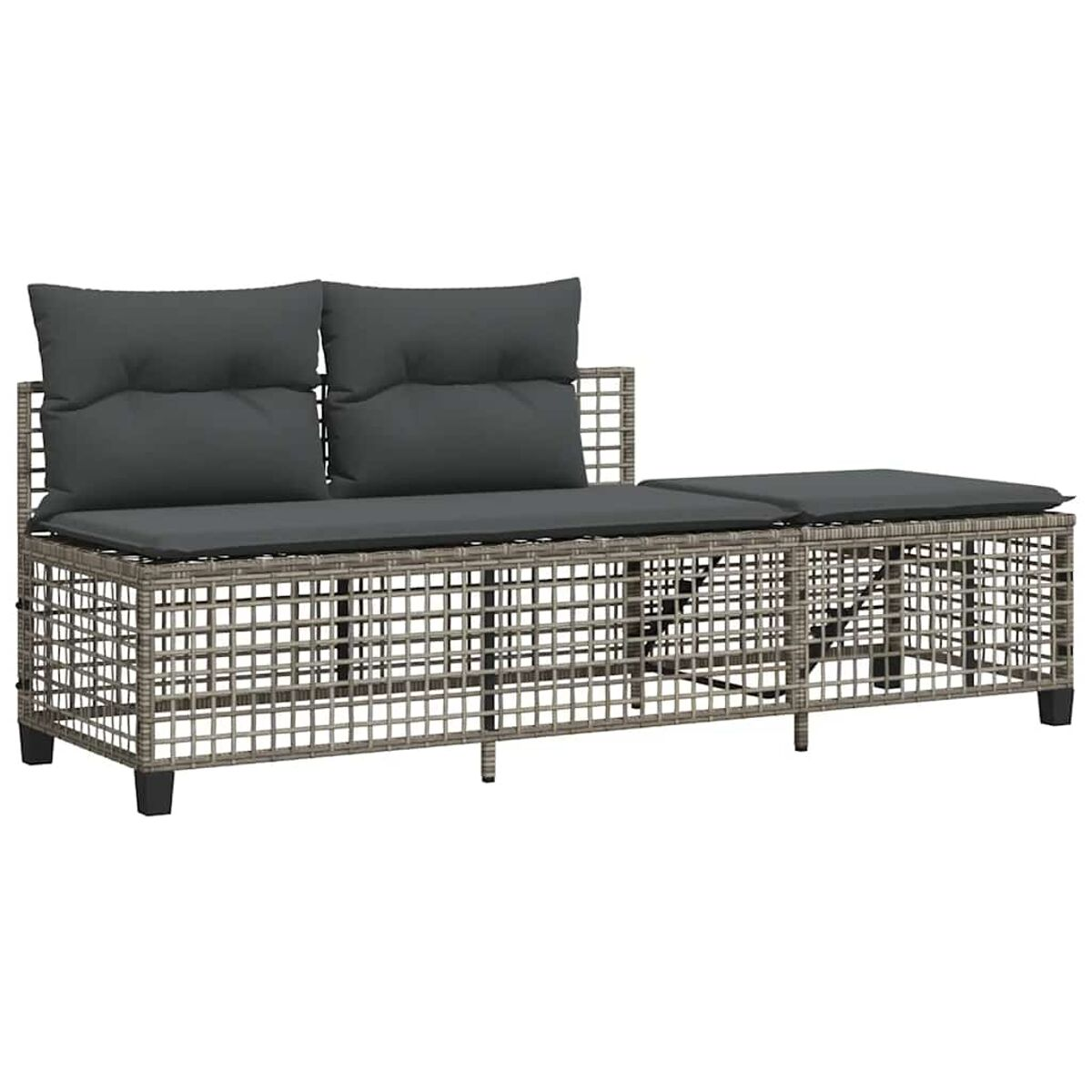 Divano in rattan grigio con due cuscini e un lato allungato. Su sfondo bianco.