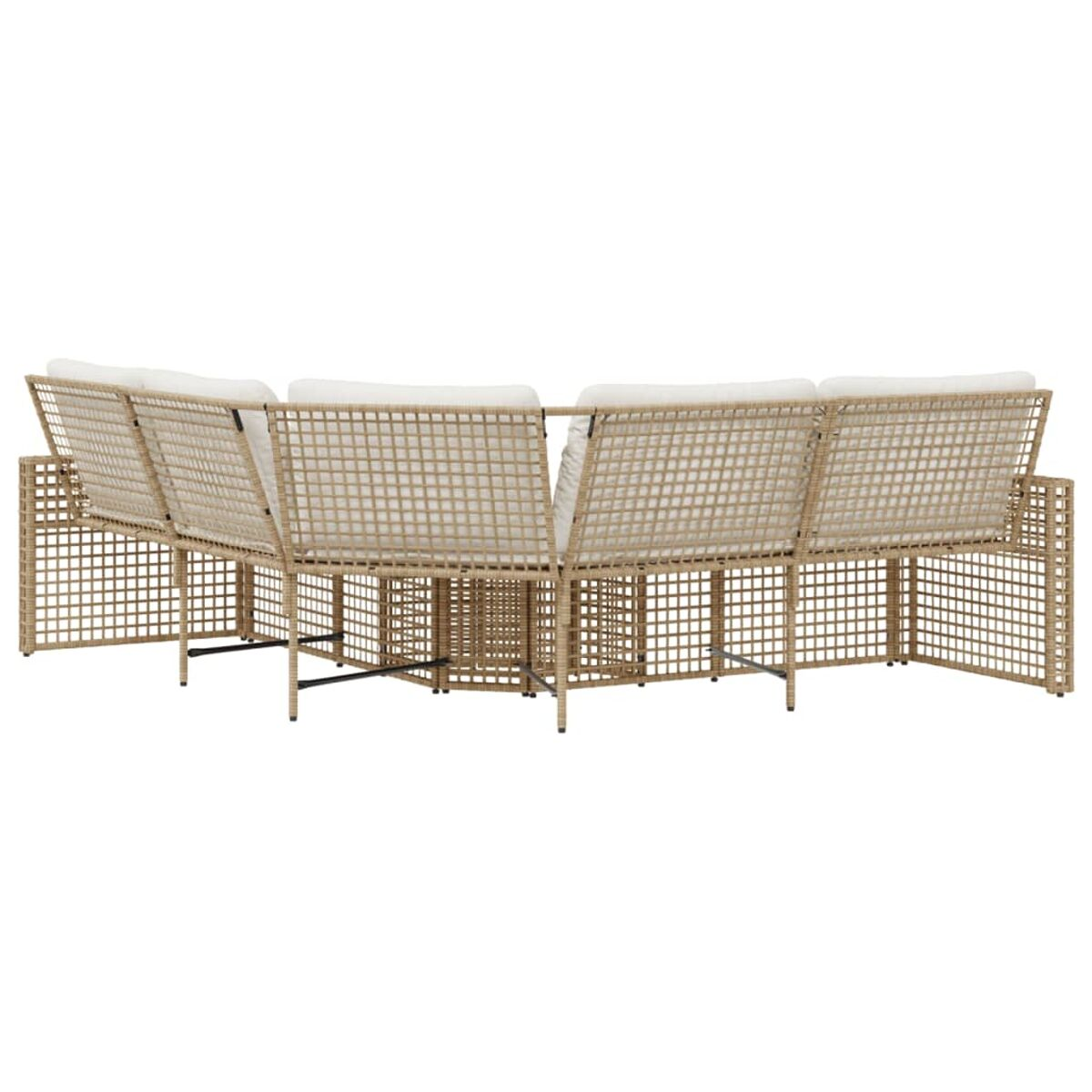Divano in vimini per esterni. Colore beige, con cuscini bianchi. Vista posteriore.