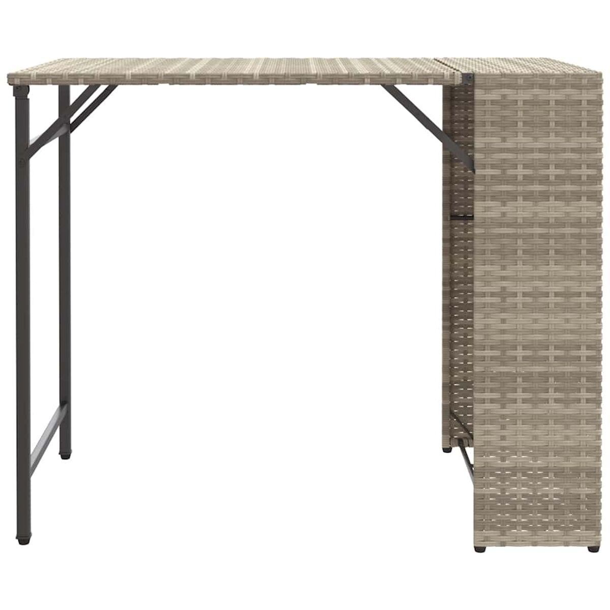 Bar all'aperto beige con telaio nero. Ha una struttura di supporto e un piano.