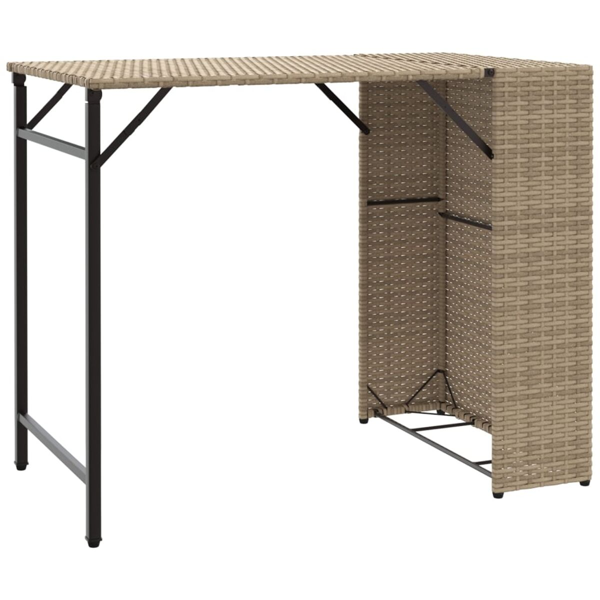 Tavolo da bar esterno beige intrecciato con gambe in metallo nero, vista angolata.