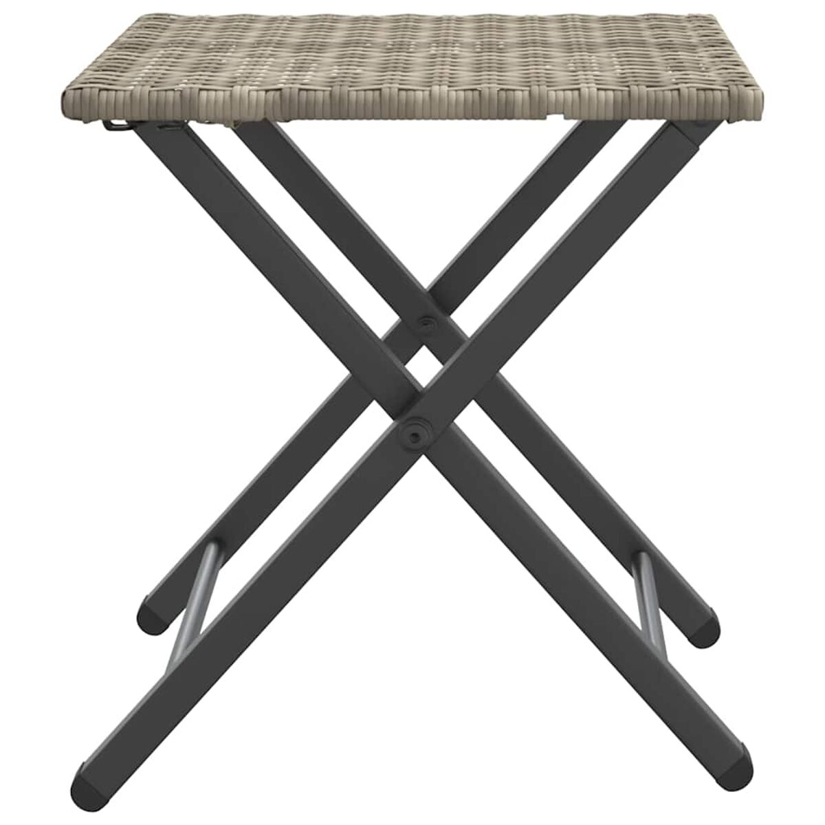 Tavolino quadrato in vimini con gambe pieghevoli in metallo. Piano beige chiaro. Gambe grigio scuro.