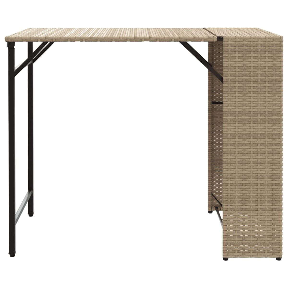 Bar all'aperto beige con telaio nero. Ha una struttura di supporto e un piano.