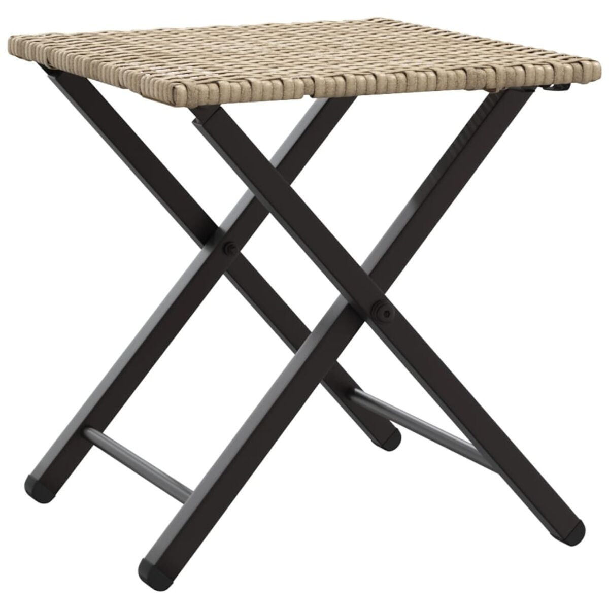 Tavolino pieghevole in vimini beige con struttura in metallo. Piano quadrato.
