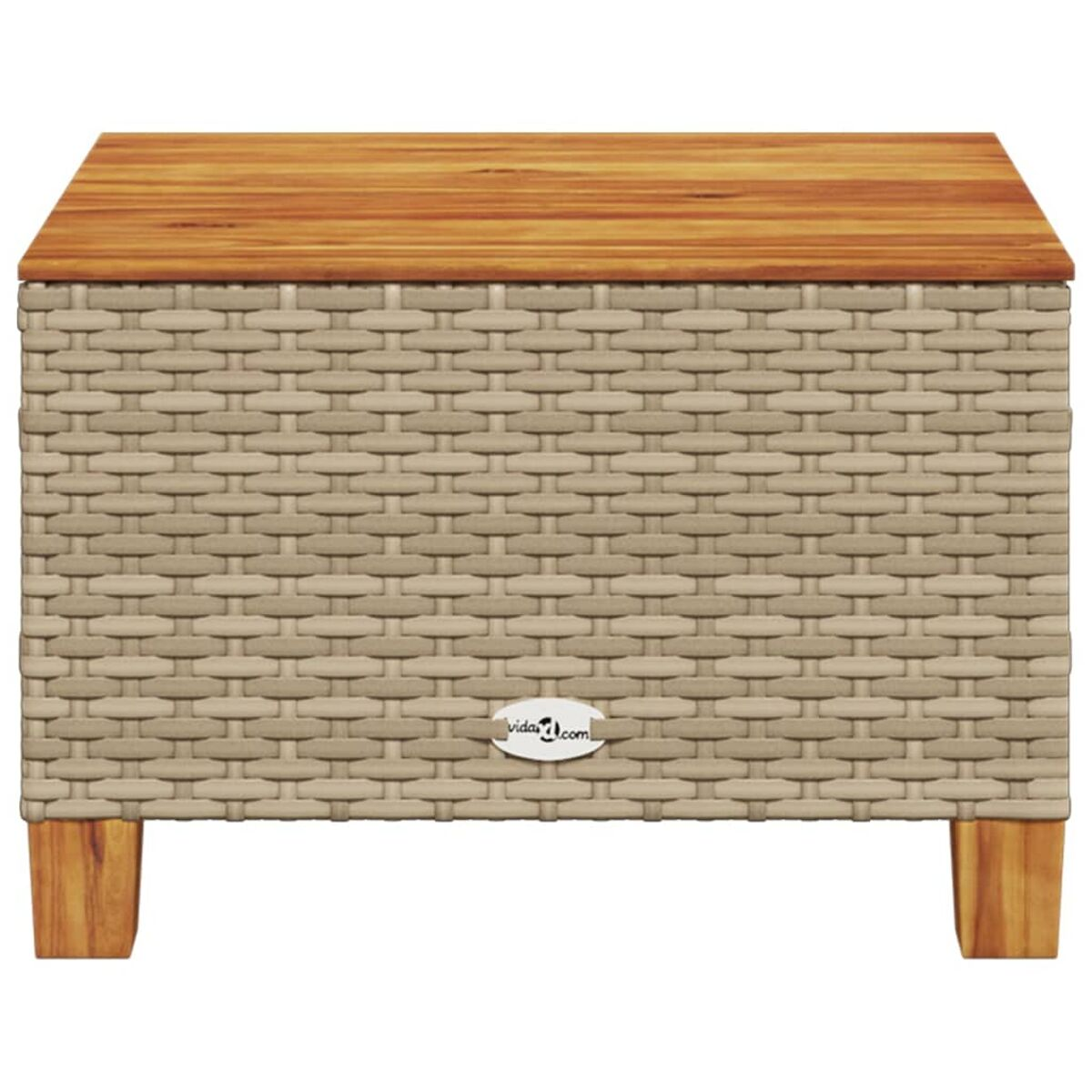 Contenitore beige intrecciato con piano e gambe in legno. Logo visibile.