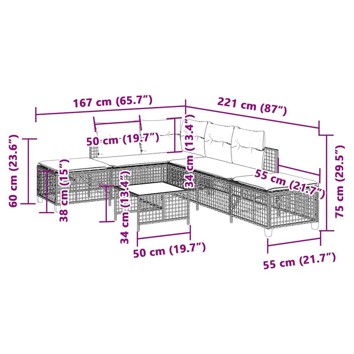 Diagramma di un set divano da esterno con misure, compreso un tavolo.