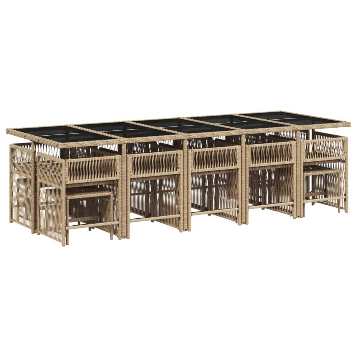 Tavolo lungo in rattan con sedie e poggiapiedi. Il tavolo ha un piano in vetro.