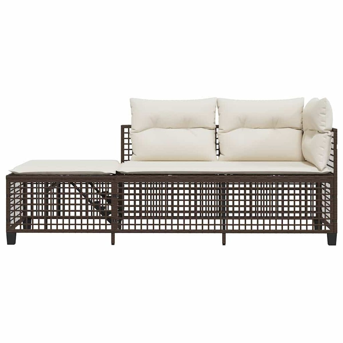 Divano in rattan con cuscini e una sezione tavolino.