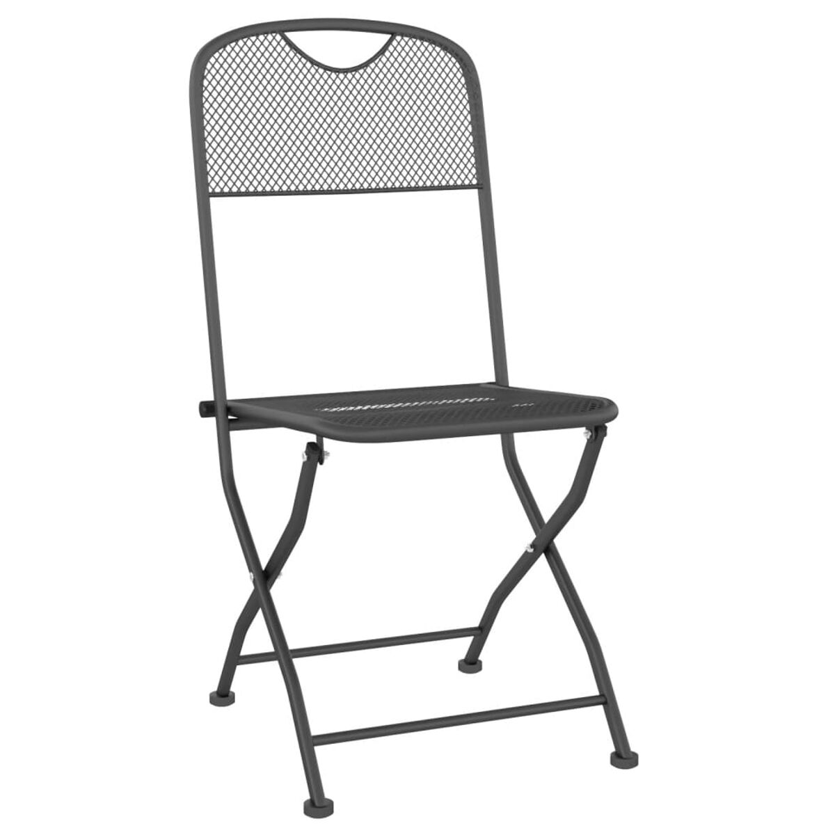 Ein dunkelgrauer Klappstuhl mit Netzrücken und -sitz.
