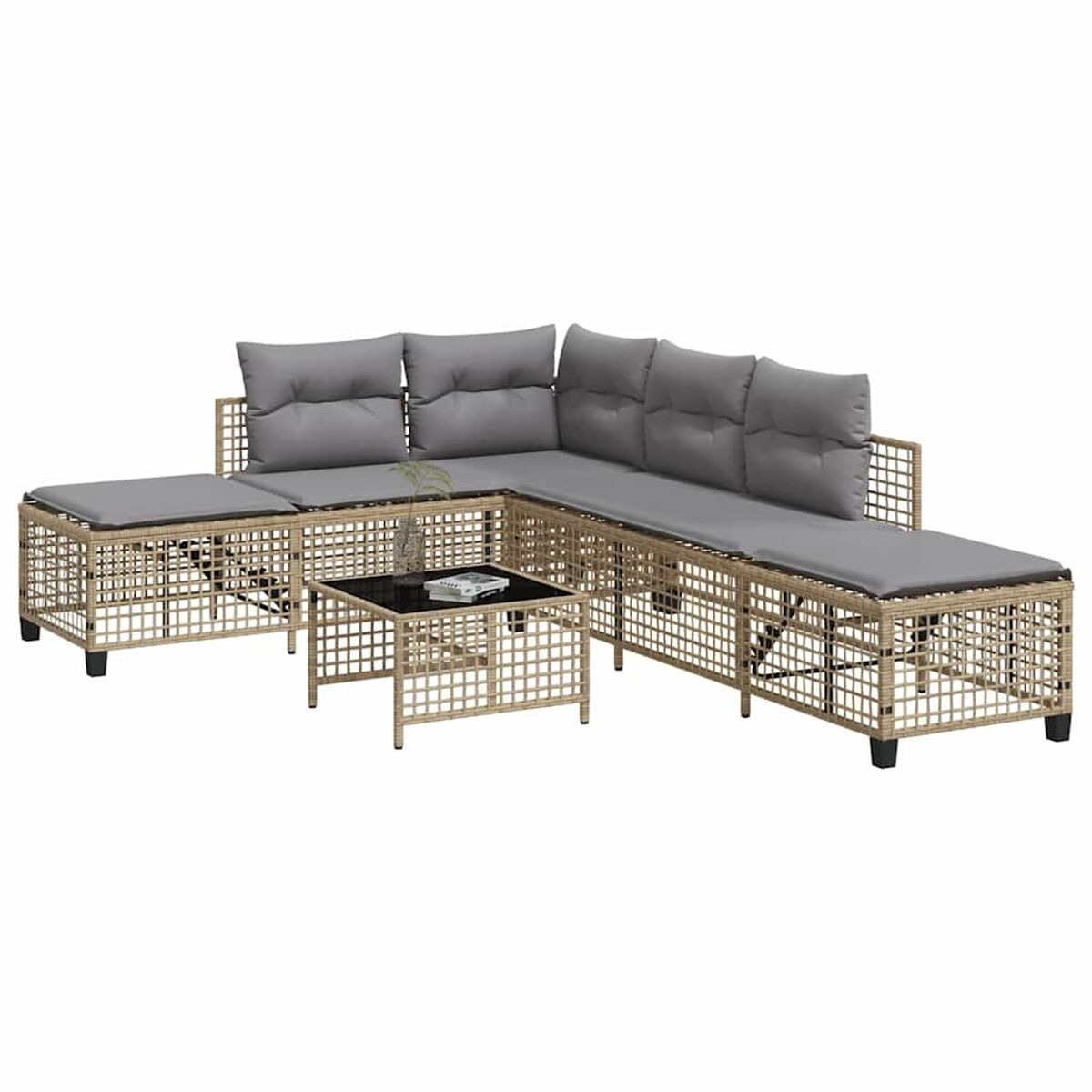 Un set di mobili da patio in tessuto beige con cuscini grigi, un tavolino e un divano angolare.