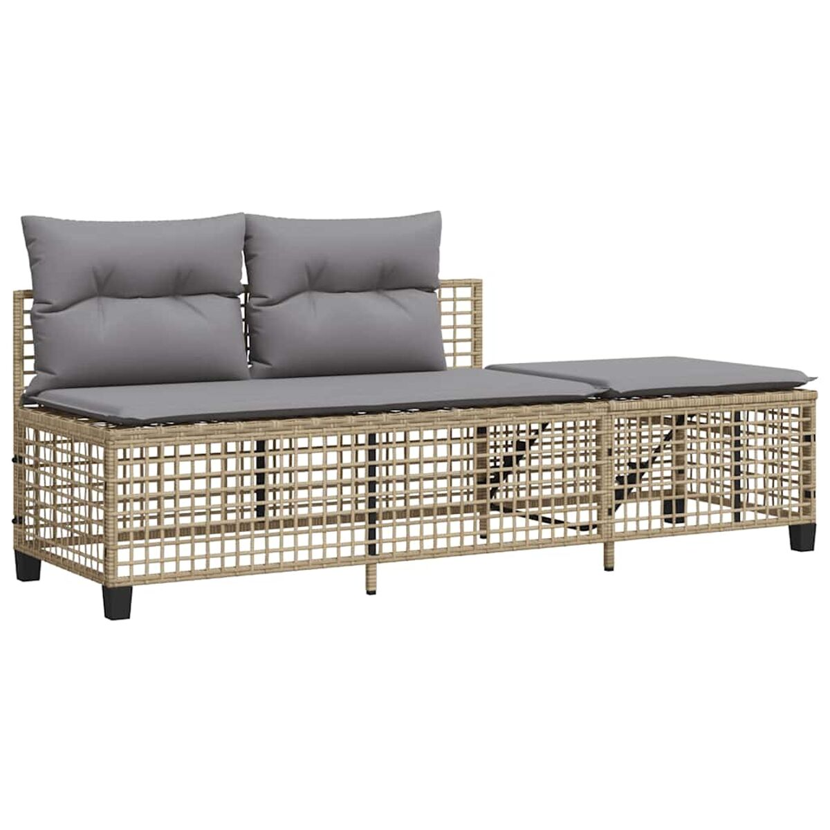 Un divano in rattan con due cuscini grigi e un pouf grigio. Il divano è su sfondo bianco.