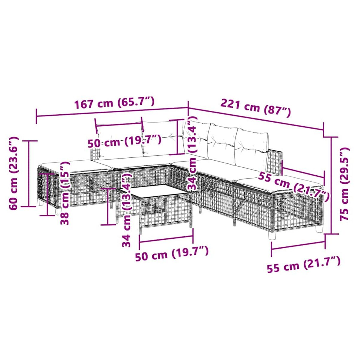 Schema di un set di sedute modulari per esterni con dimensioni in cm e pollici.