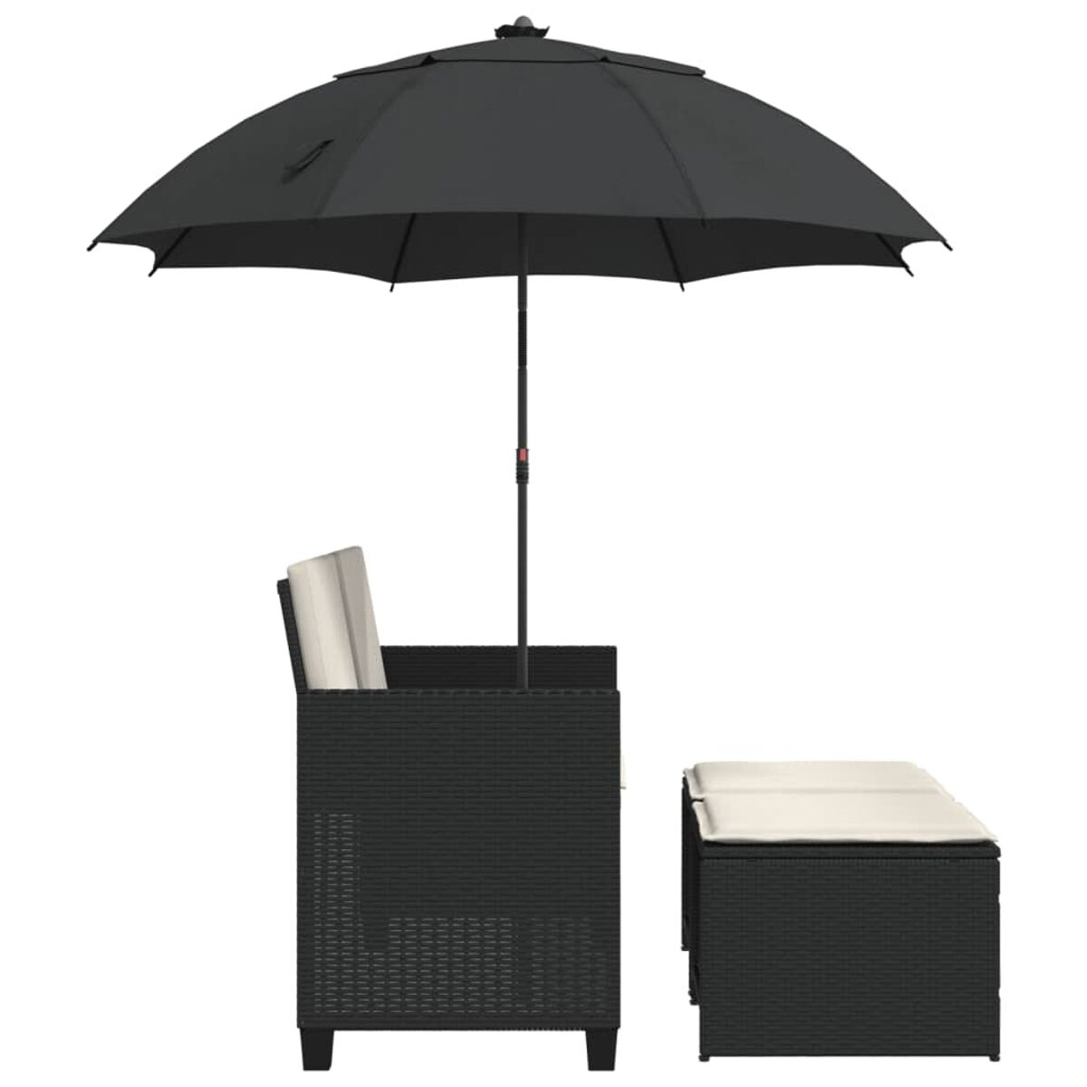 Set in vimini nero con ombrellone. Include un divano e un poggiapiedi con cuscini beige.