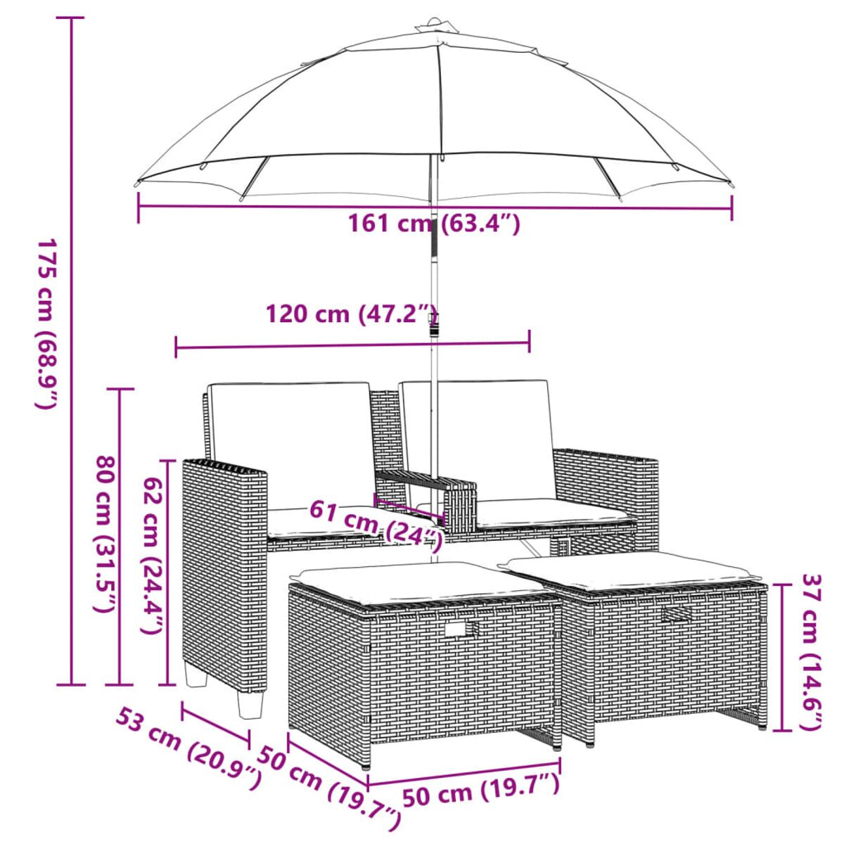 Set di sedute per esterni con un grande ombrellone. Include un divano a due posti, due pouf e misure.