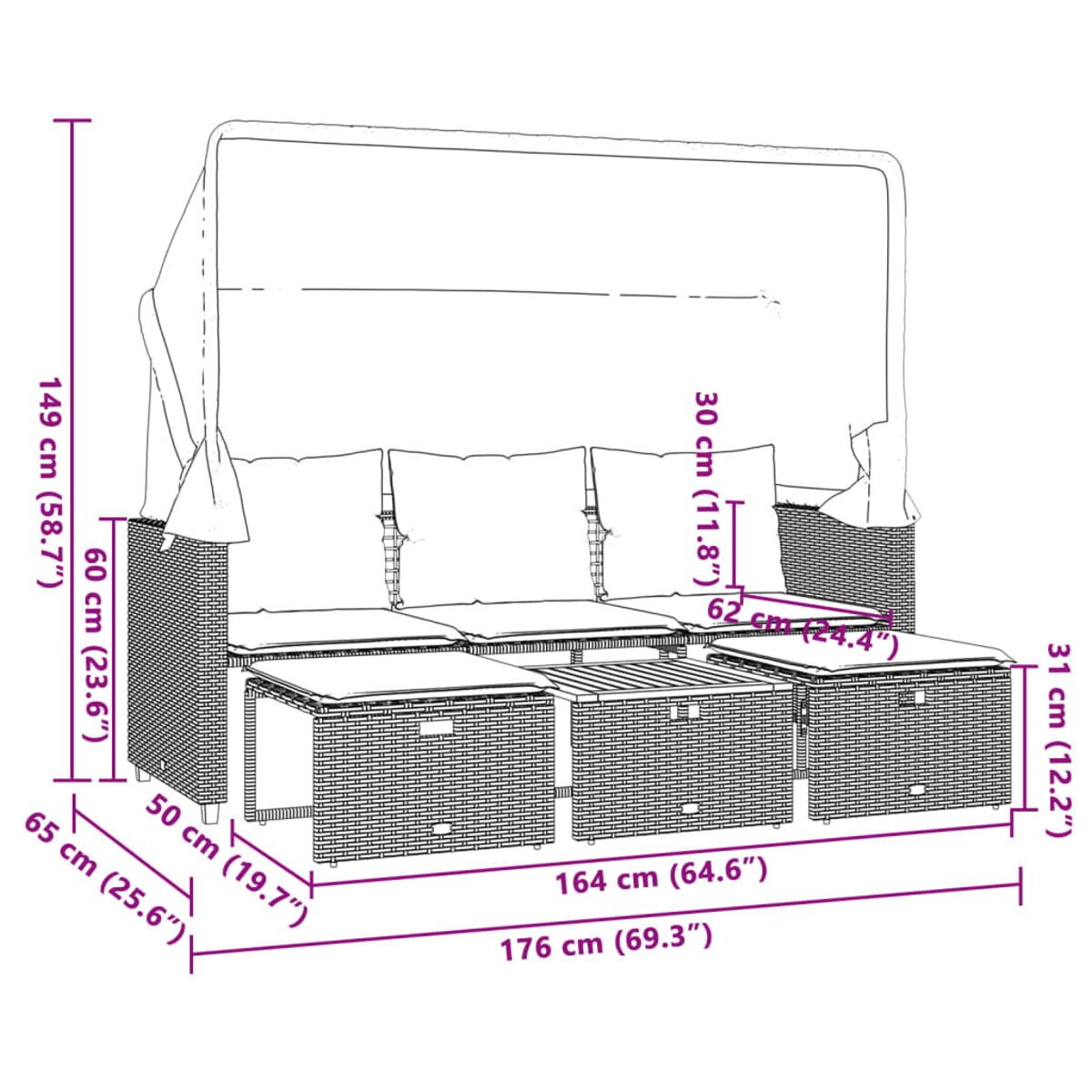 Set divano da esterno con dimensioni. Stile rattan, cuscini e tendalino.