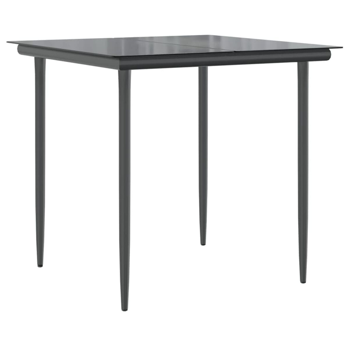 Ein quadratischer Metalltisch mit vier Beinen. Die Tischplatte ist dunkel und die Beine sind grau. Weißer Hintergrund.