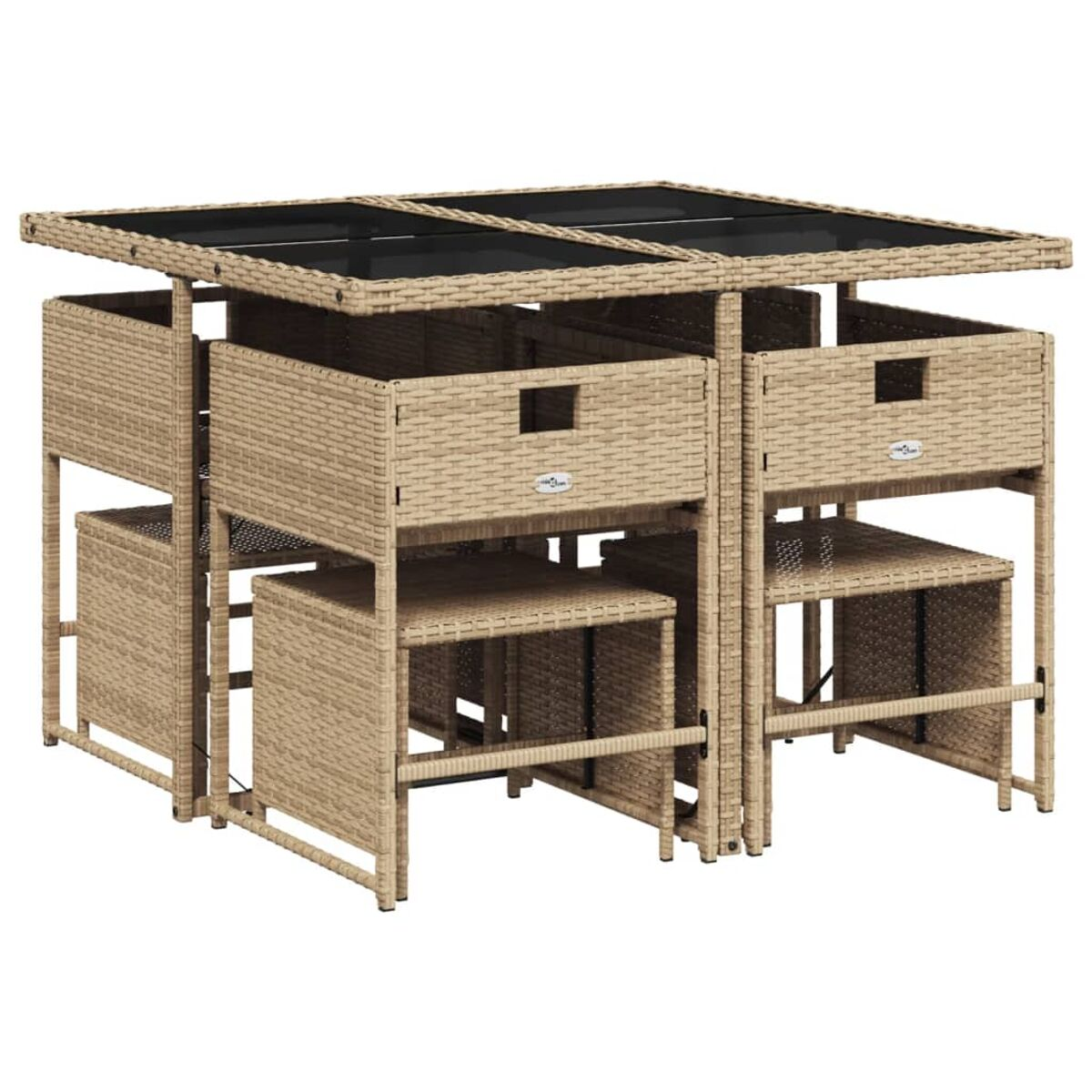 Set di mobili in vimini beige. È composto da tavolo e sedie, con cassetto.
