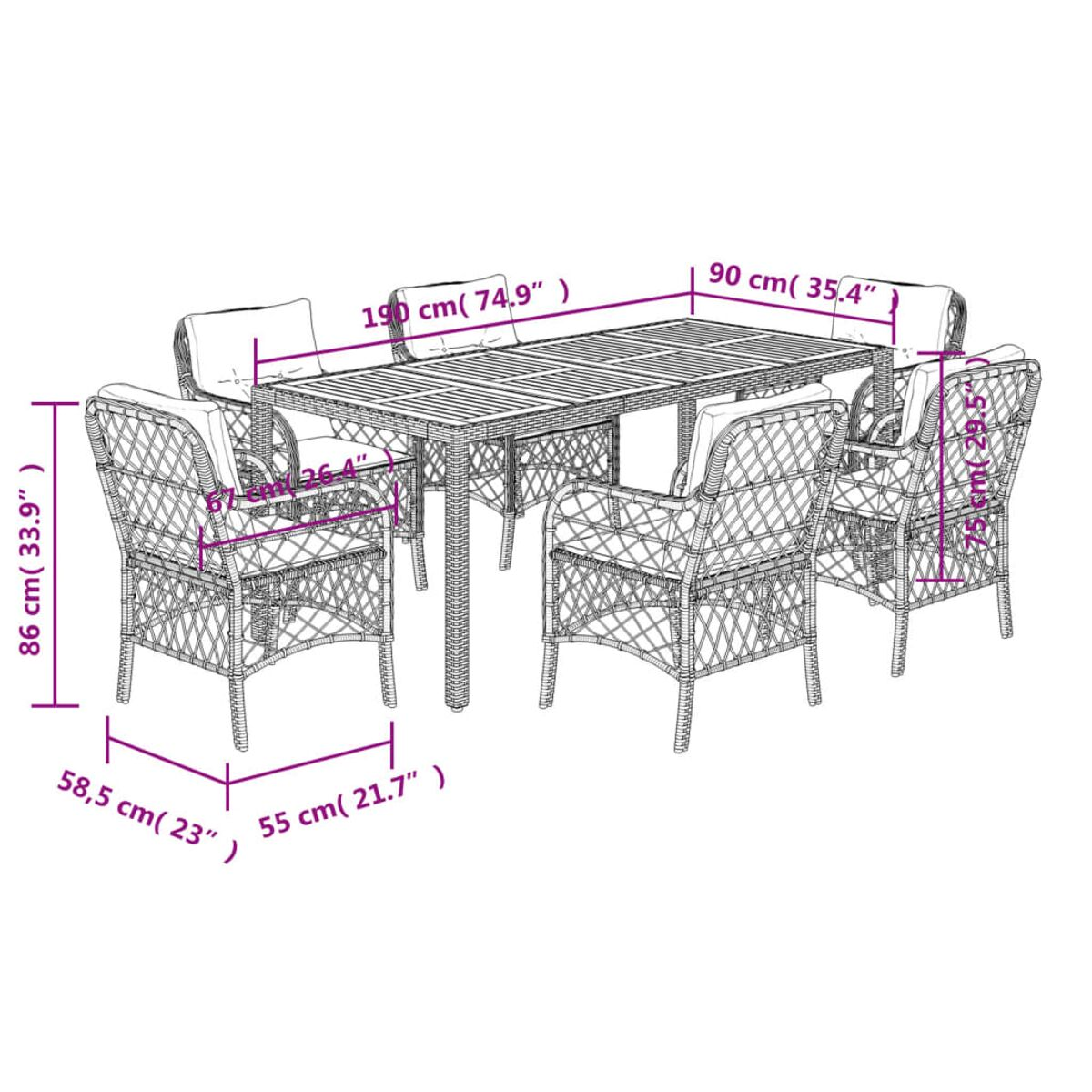 Set da pranzo in vimini per esterni con tavolo e sedie. Dimensioni del tavolo.