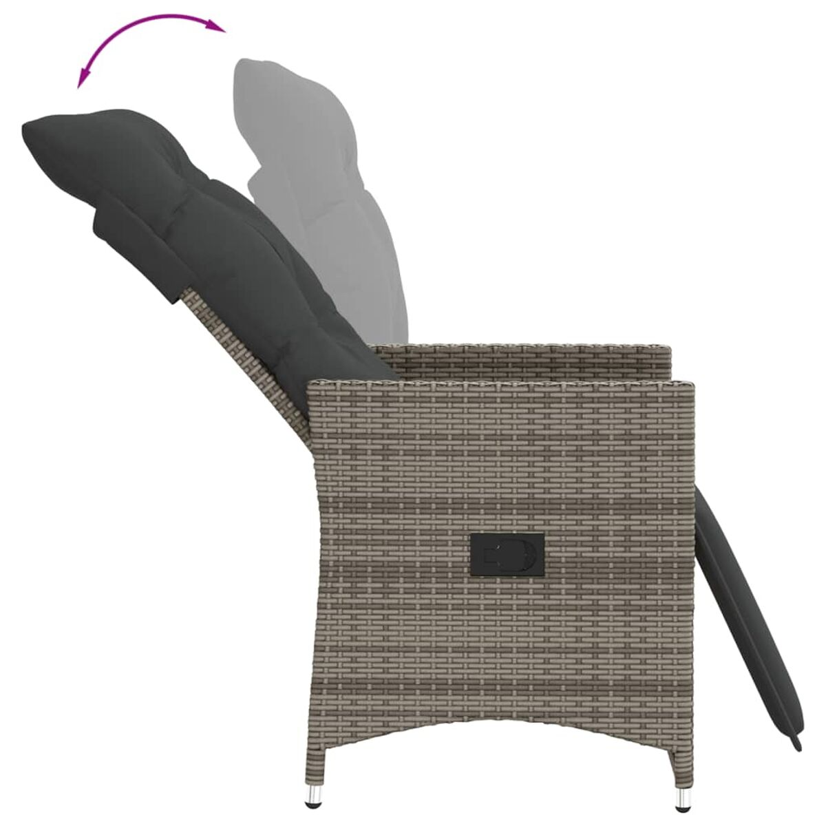 Rattan-Liegestuhl, graues Kissen, Liegefunktion. Pfeil zeigt Bewegung. Weißer Hintergrund.