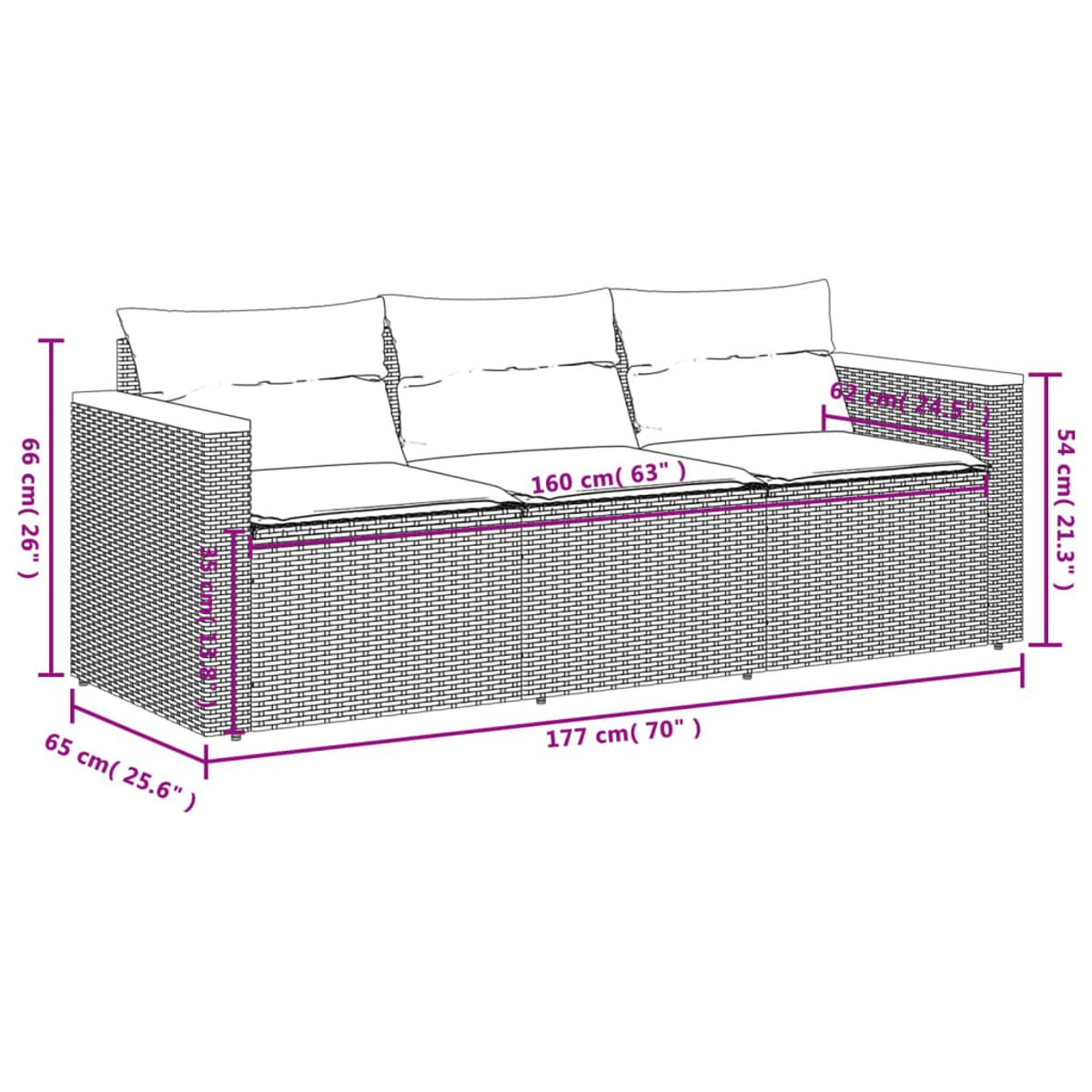 Ein großes Sofa mit beschrifteten Abmessungen, das eine gewebte Textur und cremefarbene Kissen zeigt.